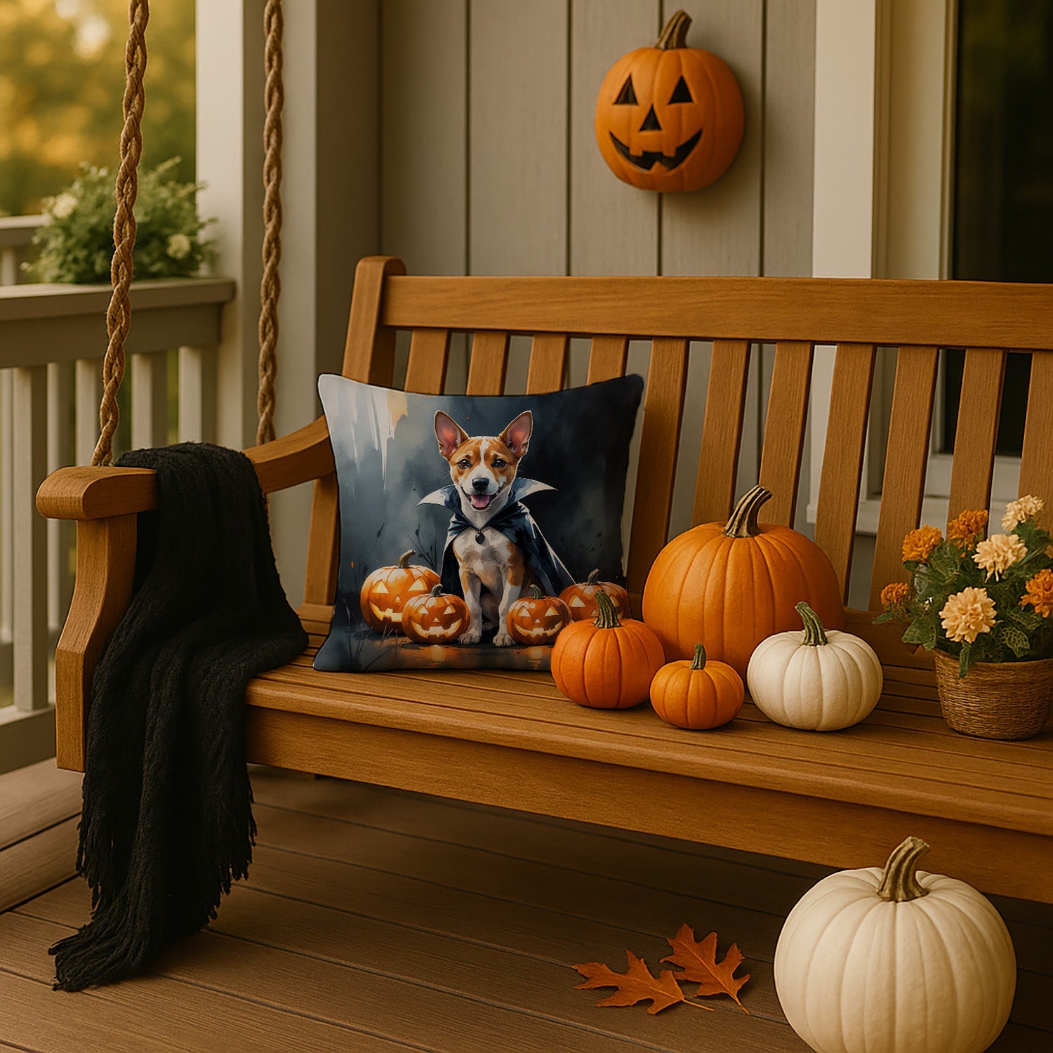 Basenji Puppy Halloween Decorative Throw Pillow 14x14 Indoor Outdoor Accent Cushion, Fabric Cover with Insert for Sofa, Bed, Porch & Living Room