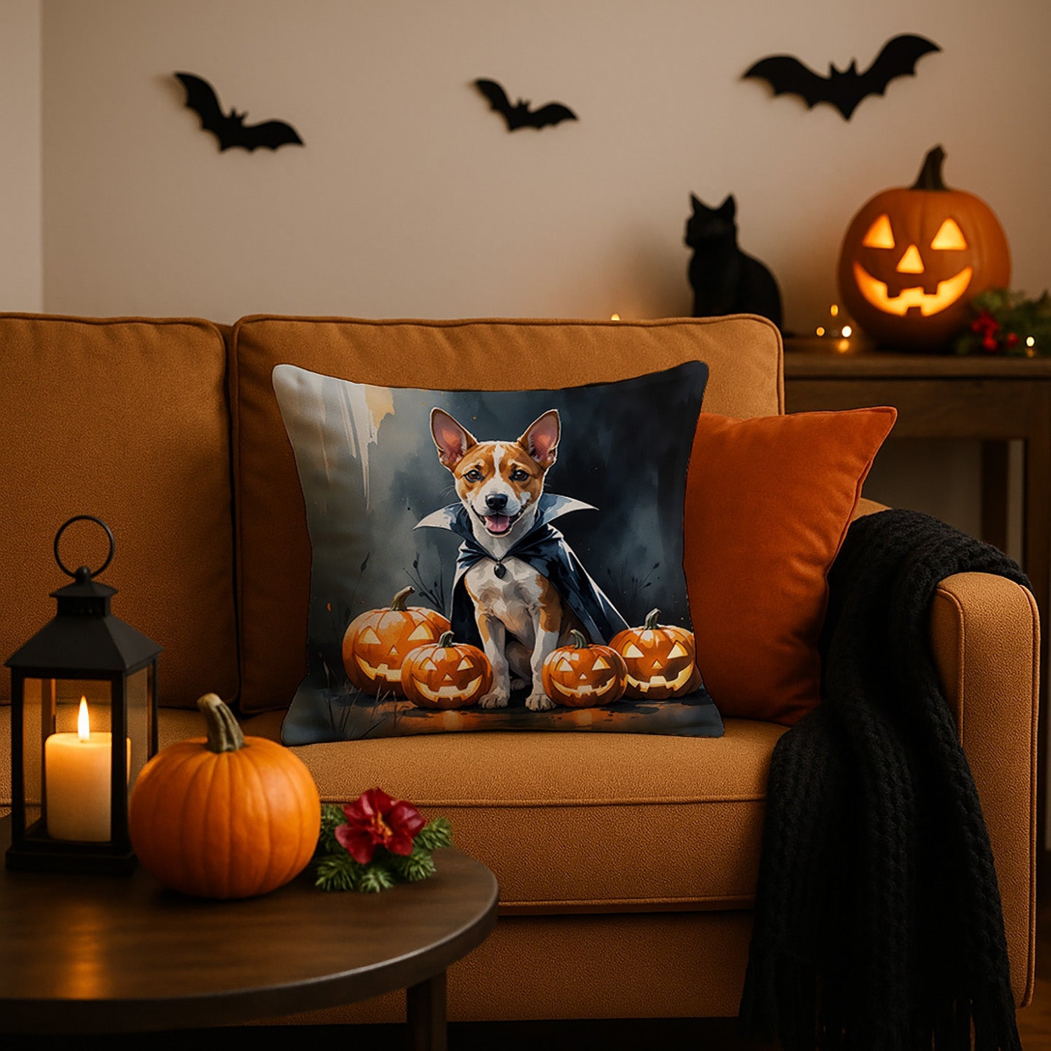 Basenji Puppy Halloween Decorative Throw Pillow 18x18 Indoor Outdoor Accent Cushion, Fabric Cover with Insert for Sofa, Bed, Porch & Living Room