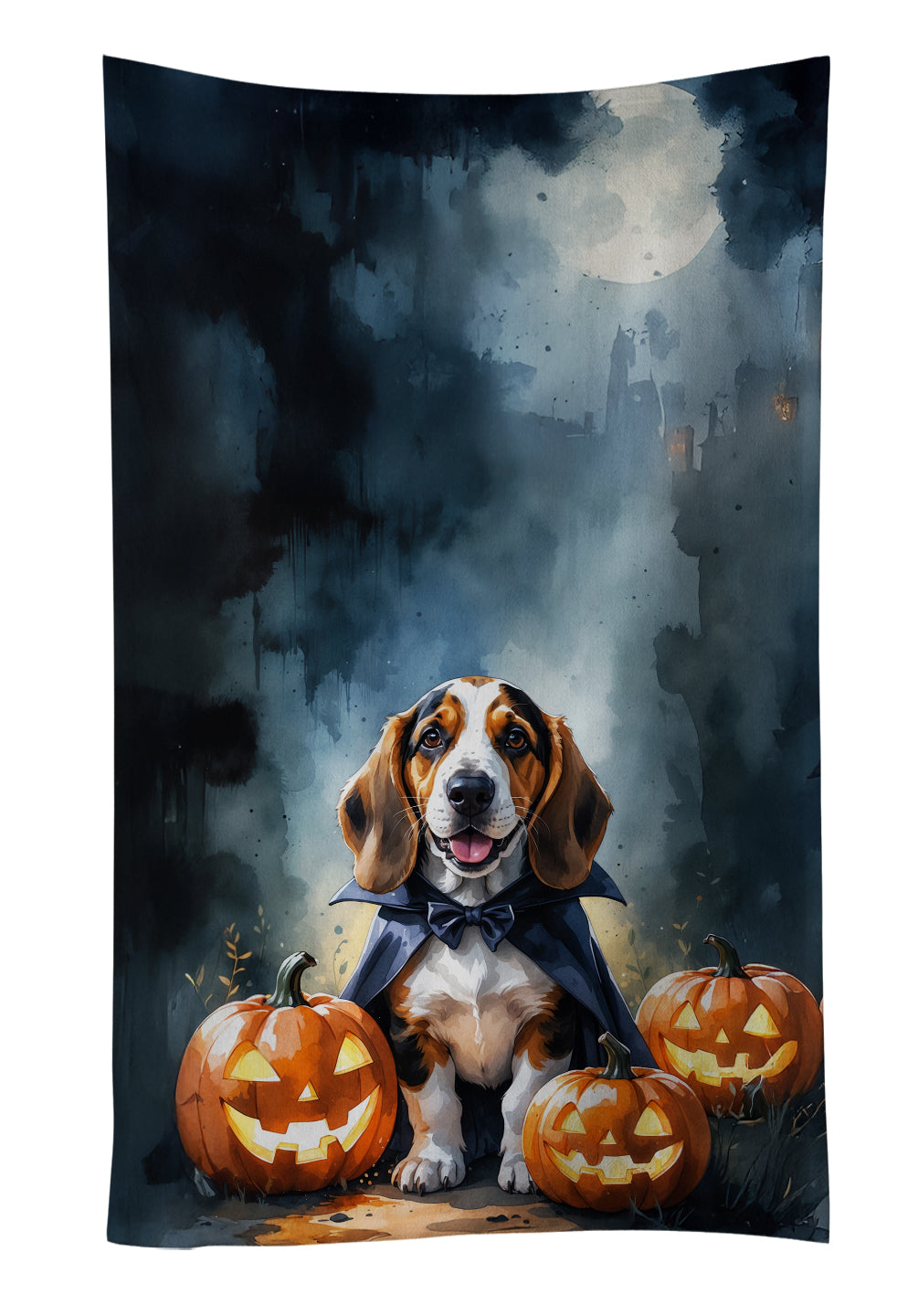 Basset Hound Puppy Halloween Kitchen Towel Velour Plush Front and Cotton Loop Back Machine Washable