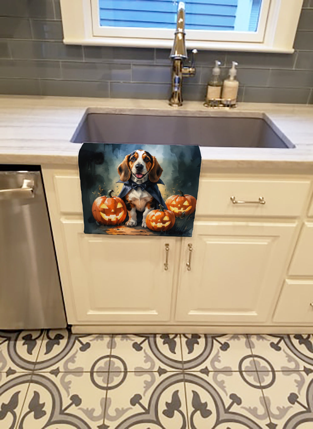 Basset Hound Puppy Halloween Kitchen Towel Velour Plush Front and Cotton Loop Back Machine Washable