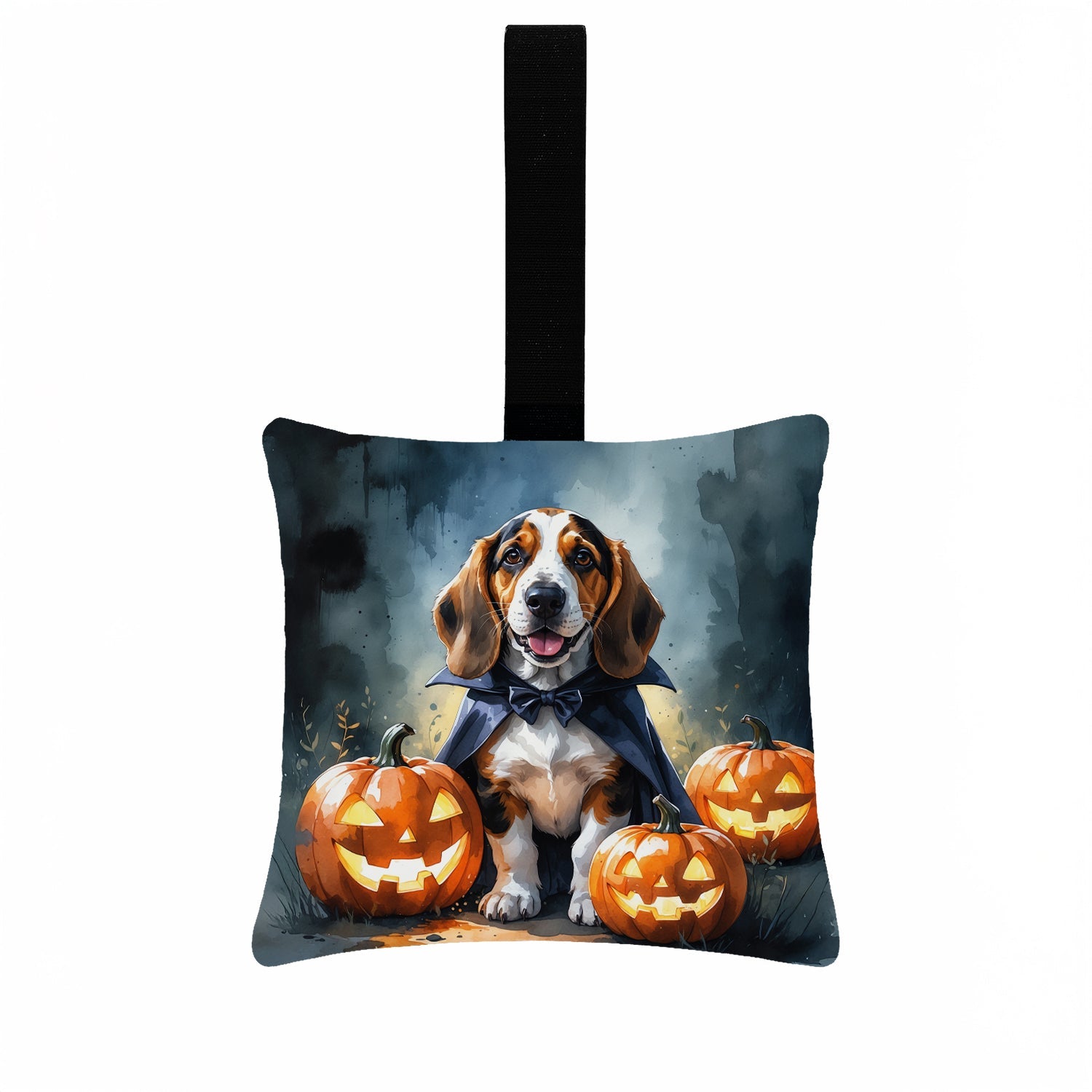 Basset Hound Puppy Halloween Hanging Square Fabric Ornament 3.5 × 3.5 Decorative Door-Knob & Tree Hanger, Soft Fabric