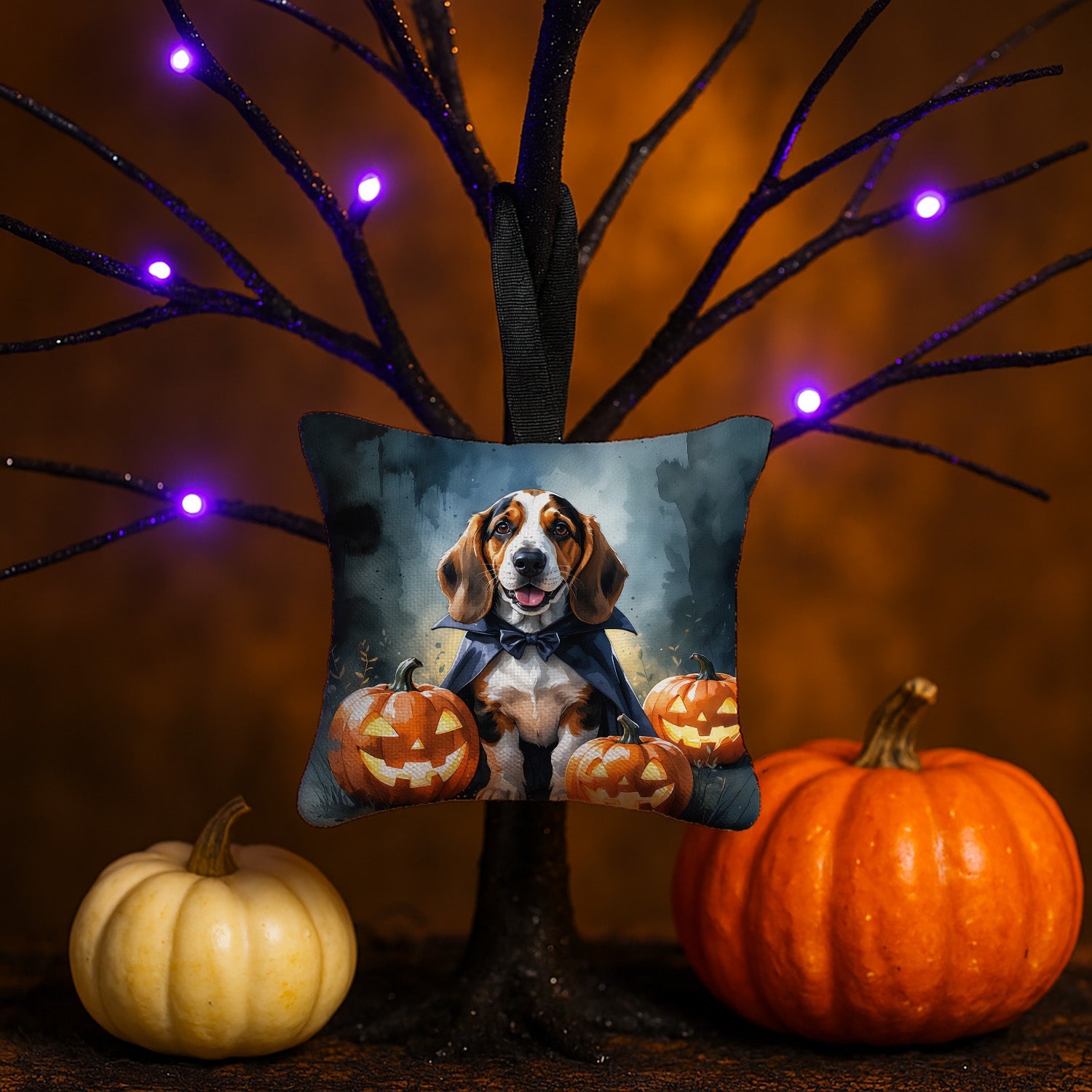 Basset Hound Puppy Halloween Hanging Square Fabric Ornament 3.5 × 3.5 Decorative Door-Knob & Tree Hanger, Soft Fabric
