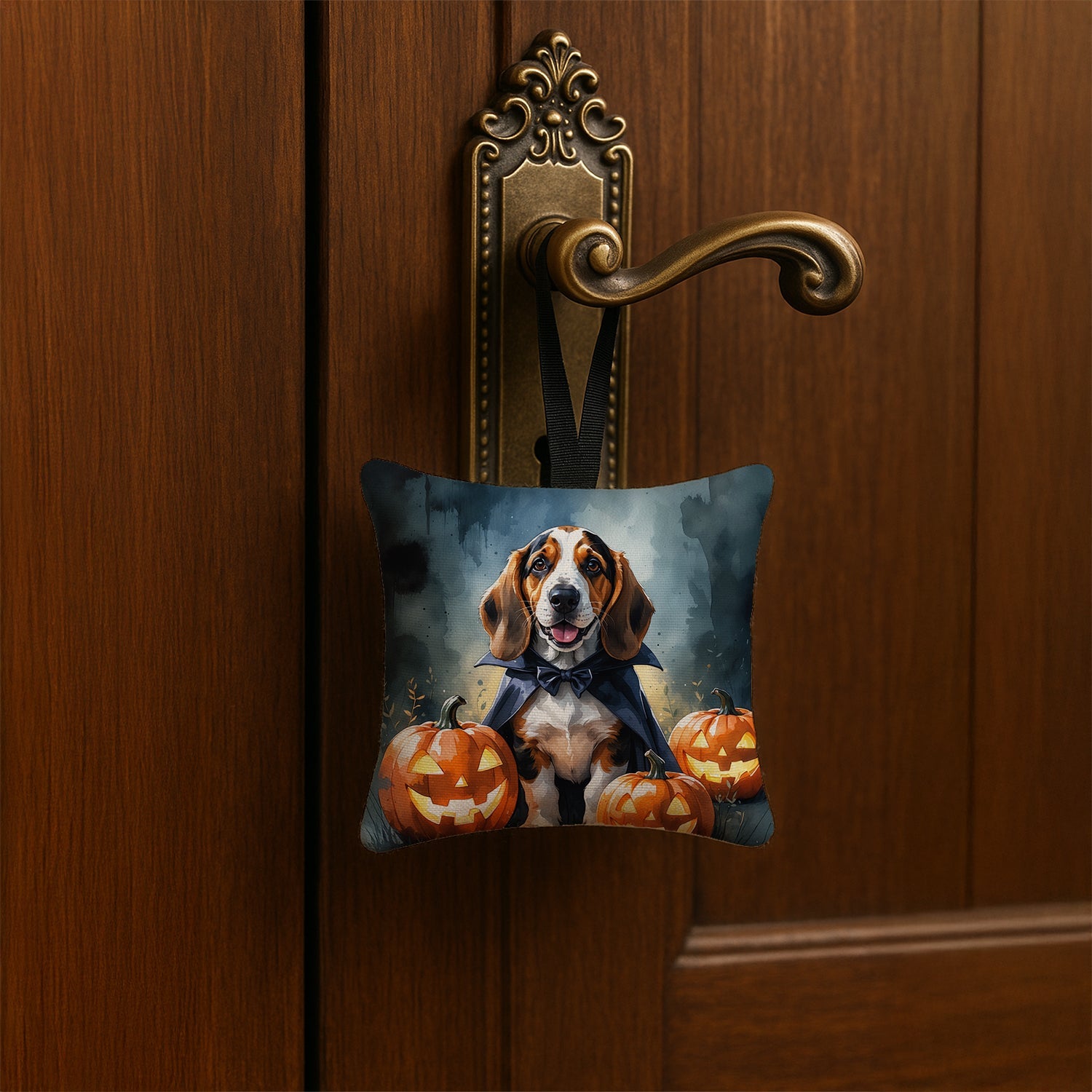 Basset Hound Puppy Halloween Hanging Square Fabric Ornament 3.5 × 3.5 Decorative Door-Knob & Tree Hanger, Soft Fabric