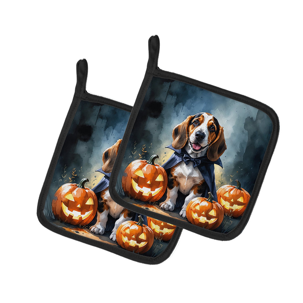 Basset Hound Puppy Halloween Pot Holder Set of 2 Heat Resistant Quilted Hot Pads 7.5 x 7.5 Inch, Insulated Kitchen Trivets for Cooking & Baking