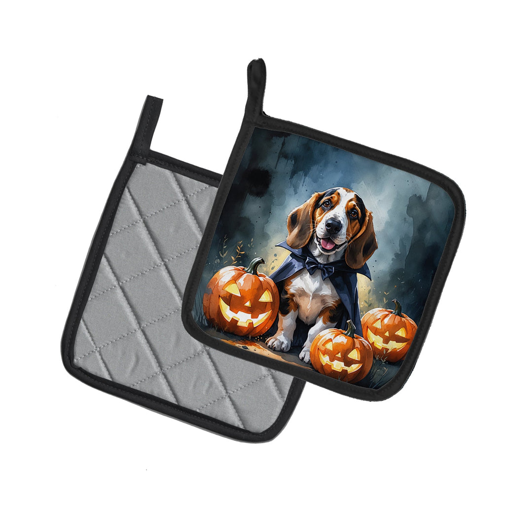 Basset Hound Puppy Halloween Pot Holder Set of 2 Heat Resistant Quilted Hot Pads 7.5 x 7.5 Inch, Insulated Kitchen Trivets for Cooking & Baking