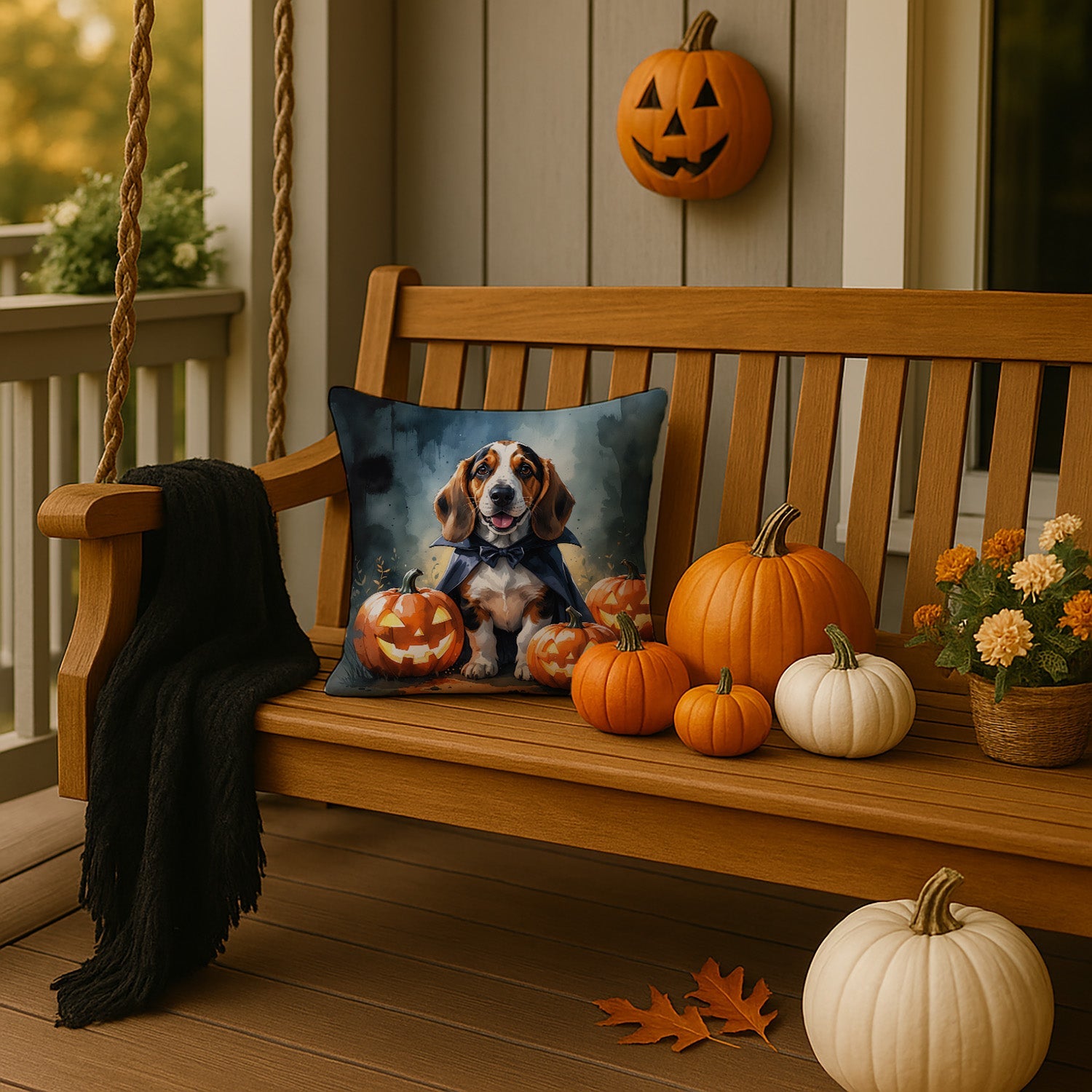 Basset Hound Puppy Halloween Decorative Throw Pillow 14x14 Indoor Outdoor Accent Cushion, Fabric Cover with Insert for Sofa, Bed, Porch & Living Room