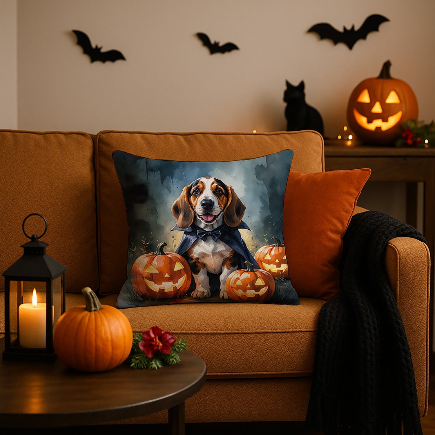 Basset Hound Puppy Halloween Decorative Throw Pillow 18x18 Indoor Outdoor Accent Cushion, Fabric Cover with Insert for Sofa, Bed, Porch & Living Room
