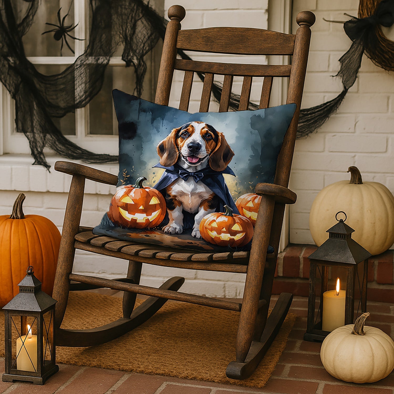 Basset Hound Puppy Halloween Decorative Throw Pillow 18x18 Indoor Outdoor Accent Cushion, Fabric Cover with Insert for Sofa, Bed, Porch & Living Room