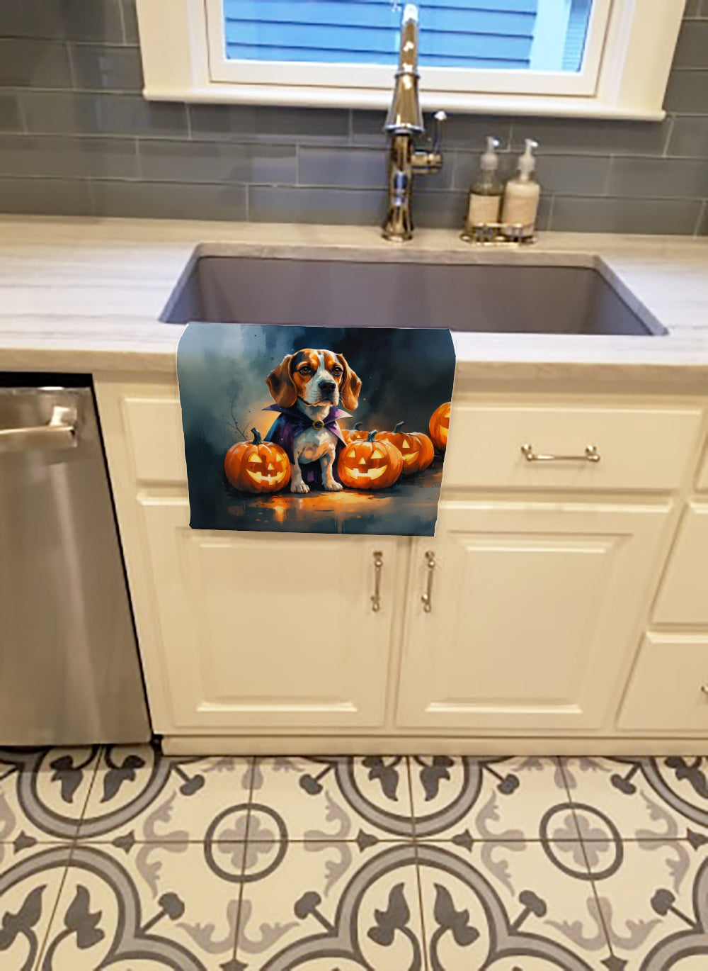 Beagle Puppy Halloween Kitchen Towel Velour Plush Front and Cotton Loop Back Machine Washable