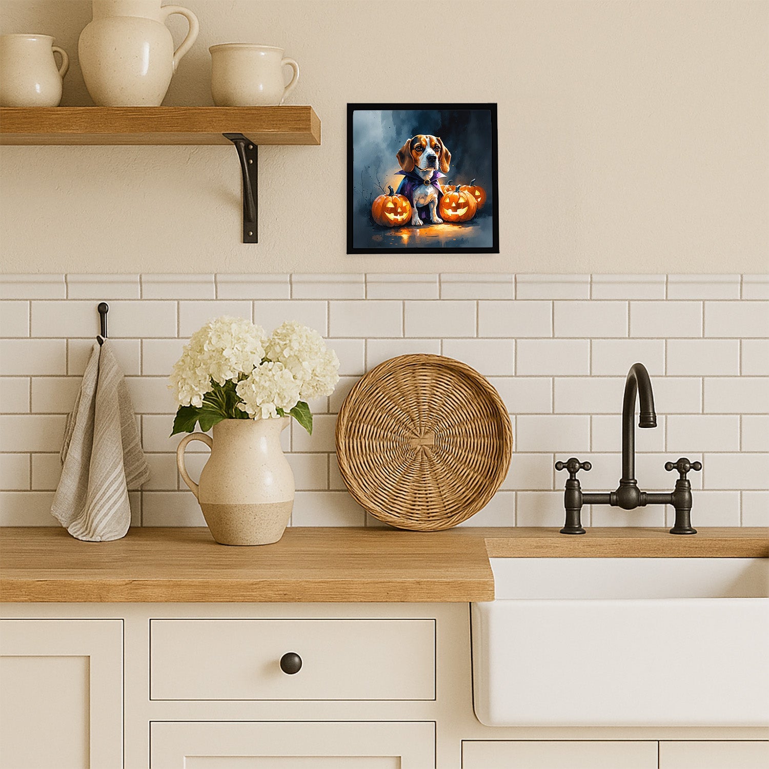 Beagle Puppy Halloween Framed Metal Print Bathroom, Kitchen, Office, Home Decor Wall Art Ready to Hang, Square, 8X8