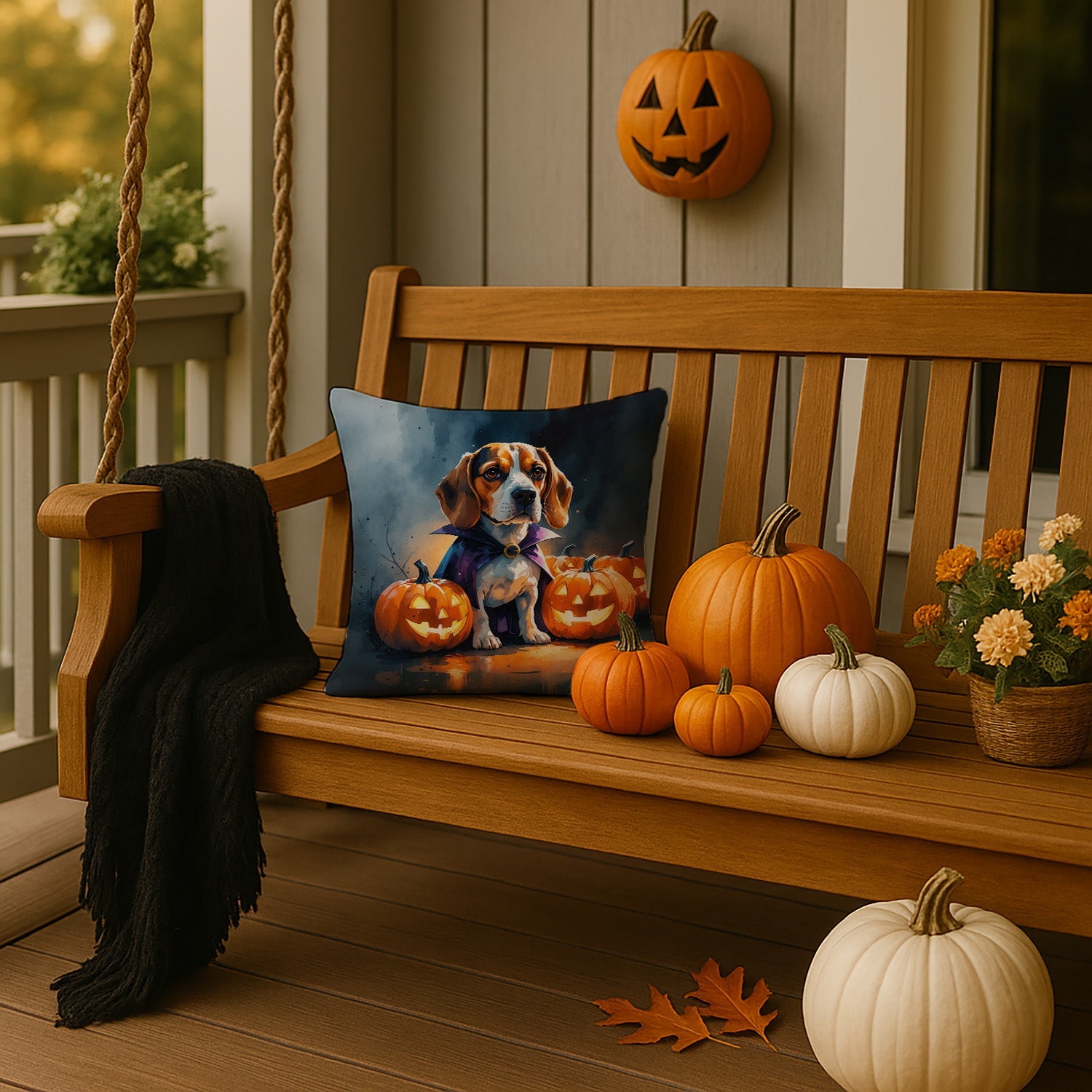 Beagle Puppy Halloween Decorative Throw Pillow 14x14 Indoor Outdoor Accent Cushion, Fabric Cover with Insert for Sofa, Bed, Porch & Living Room
