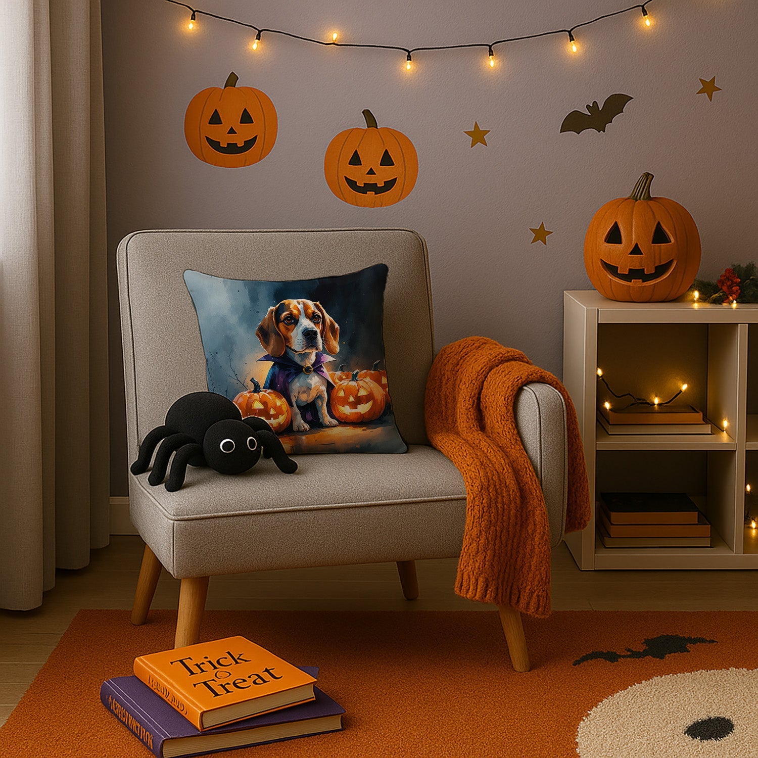 Beagle Puppy Halloween Decorative Throw Pillow 14x14 Indoor Outdoor Accent Cushion, Fabric Cover with Insert for Sofa, Bed, Porch & Living Room