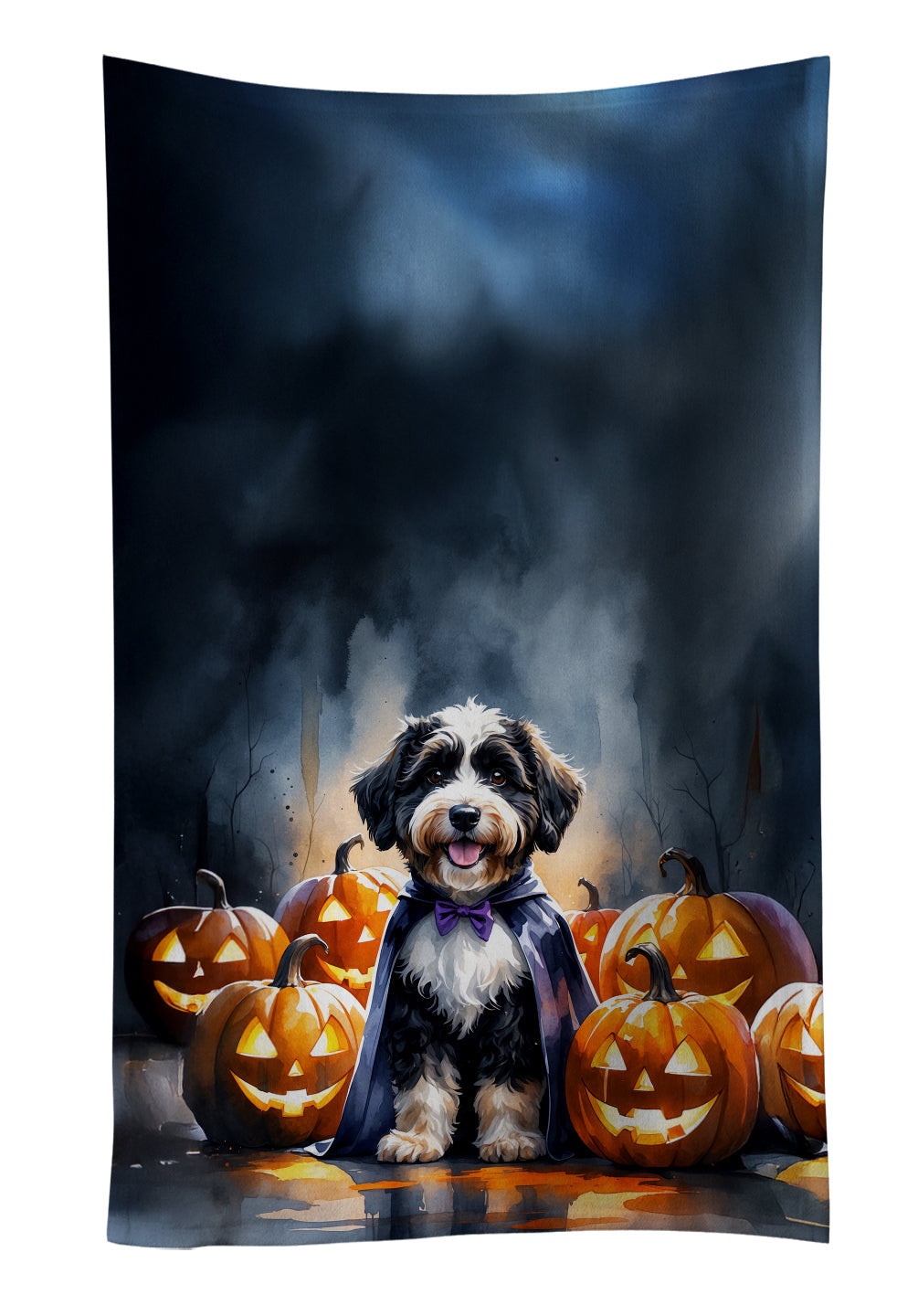 Bernedoodle Puppy Halloween Kitchen Towel Velour Plush Front and Cotton Loop Back Machine Washable
