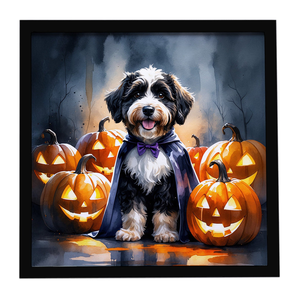 Bernedoodle Puppy Halloween Framed Metal Print Bathroom, Kitchen, Office, Home Decor Wall Art Ready to Hang, Square, 8X8
