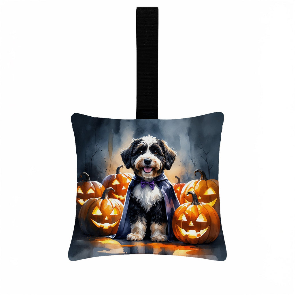Bernedoodle Puppy Halloween Hanging Square Fabric Ornament 3.5 × 3.5 Decorative Door-Knob & Tree Hanger, Soft Fabric