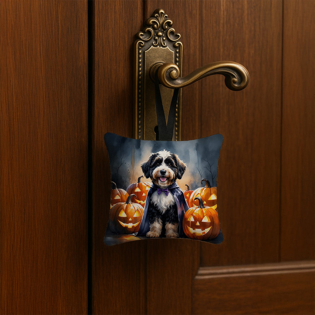 Bernedoodle Puppy Halloween Hanging Square Fabric Ornament 3.5 × 3.5 Decorative Door-Knob & Tree Hanger, Soft Fabric