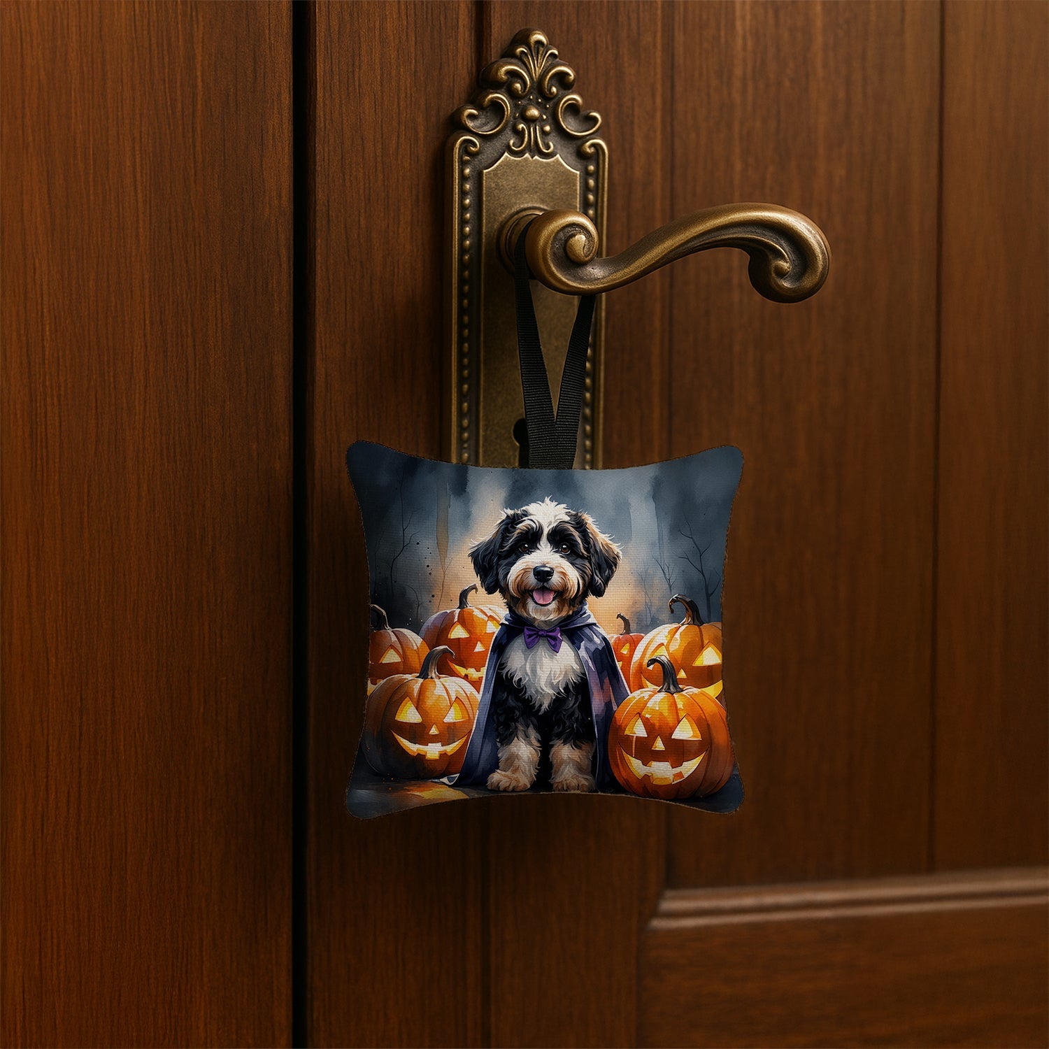Bernedoodle Puppy Halloween Hanging Square Fabric Ornament 3.5 × 3.5 Decorative Door-Knob & Tree Hanger, Soft Fabric