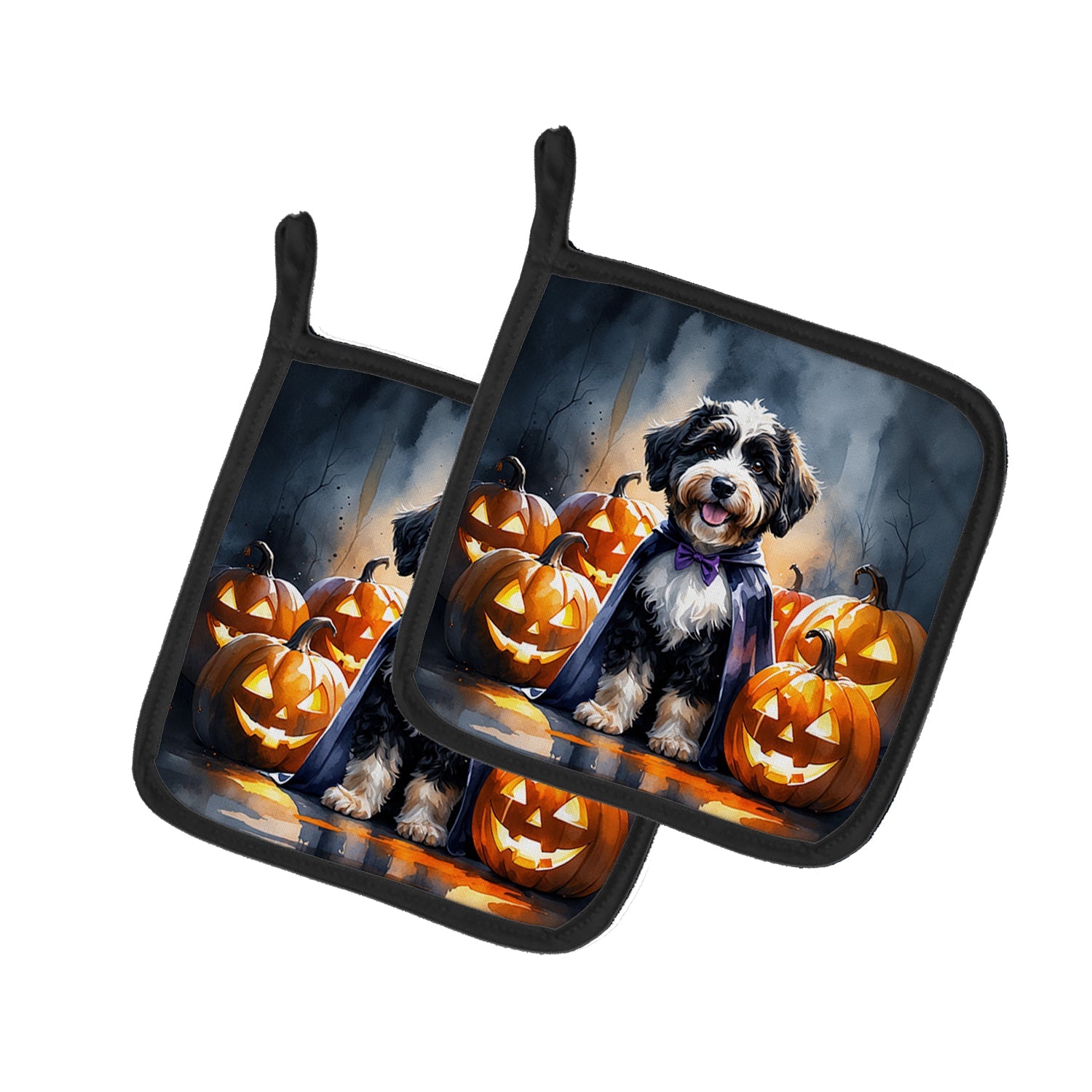 Bernedoodle Puppy Halloween Pot Holder Set of 2 Heat Resistant Quilted Hot Pads 7.5 x 7.5 Inch, Insulated Kitchen Trivets for Cooking & Baking