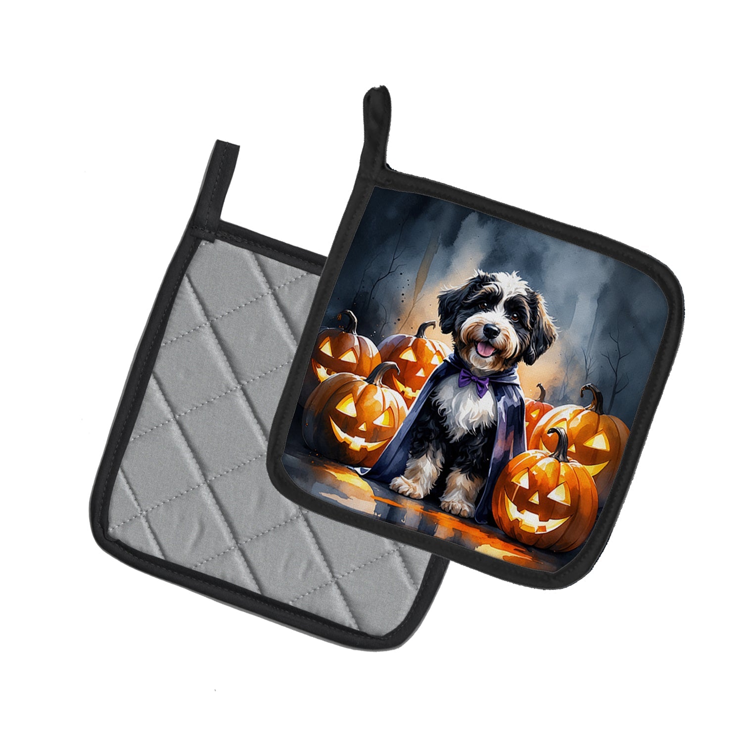 Bernedoodle Puppy Halloween Pot Holder Set of 2 Heat Resistant Quilted Hot Pads 7.5 x 7.5 Inch, Insulated Kitchen Trivets for Cooking & Baking