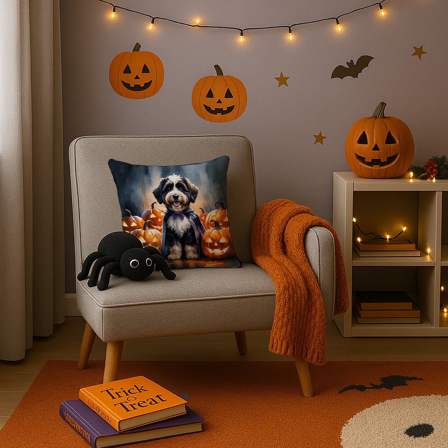 Bernedoodle Puppy Halloween Decorative Throw Pillow 14x14 Indoor Outdoor Accent Cushion, Fabric Cover with Insert for Sofa, Bed, Porch & Living Room