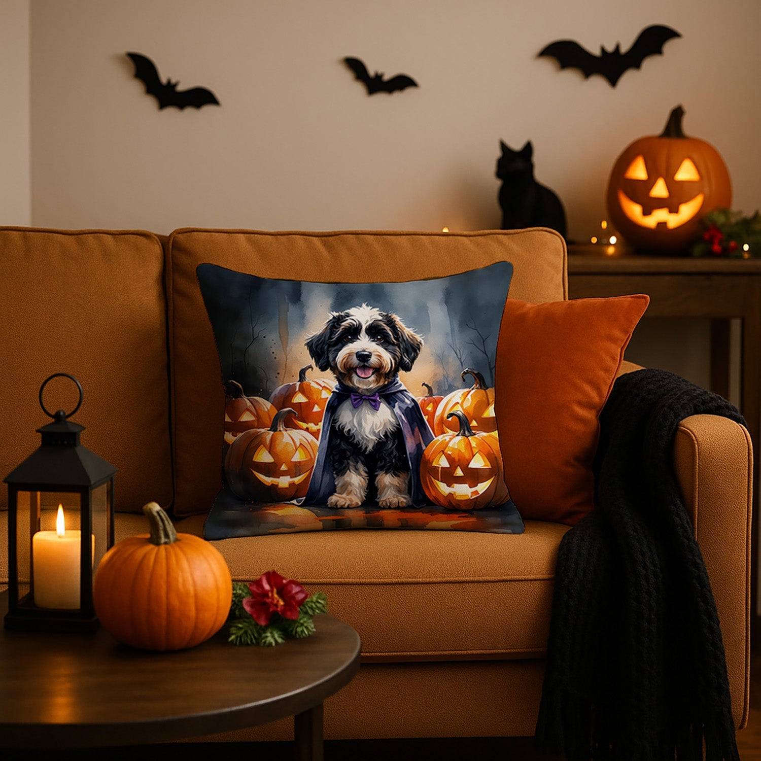 Bernedoodle Puppy Halloween Decorative Throw Pillow 18x18 Indoor Outdoor Accent Cushion, Fabric Cover with Insert for Sofa, Bed, Porch & Living Room