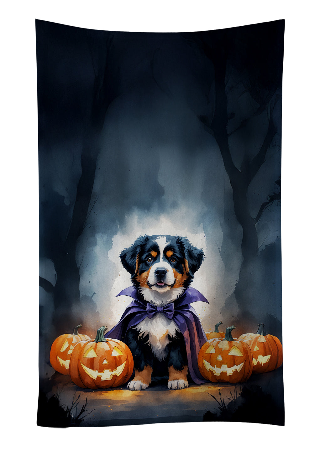 Bernese Mountain Dog Puppy Halloween Kitchen Towel Velour Plush Front and Cotton Loop Back Machine Washable