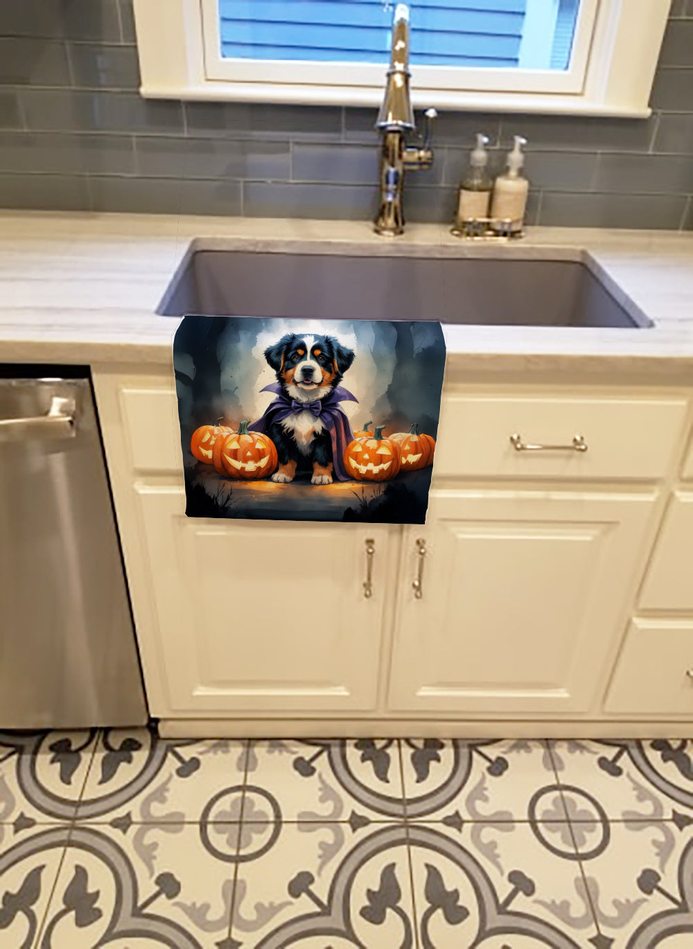 Bernese Mountain Dog Puppy Halloween Kitchen Towel Velour Plush Front and Cotton Loop Back Machine Washable