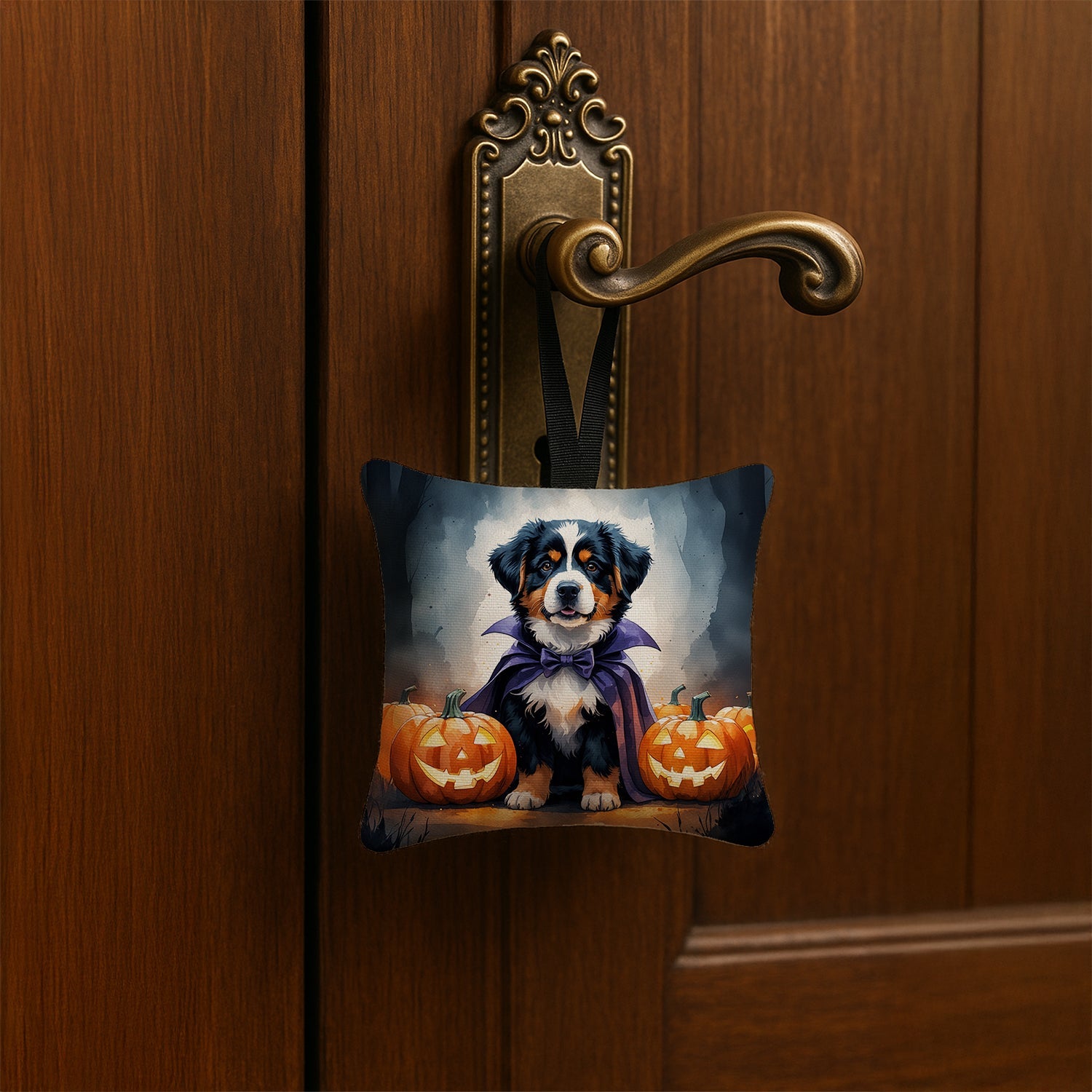 Bernese Mountain Dog Puppy Halloween Hanging Square Fabric Ornament 3.5 × 3.5 Decorative Door-Knob & Tree Hanger, Soft Fabric