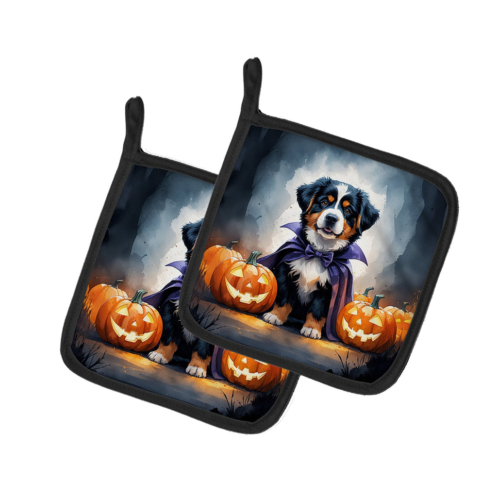 Bernese Mountain Dog Puppy Halloween Pot Holder Set of 2 Heat Resistant Quilted Hot Pads 7.5 x 7.5 Inch, Insulated Kitchen Trivets for Cooking & Baking
