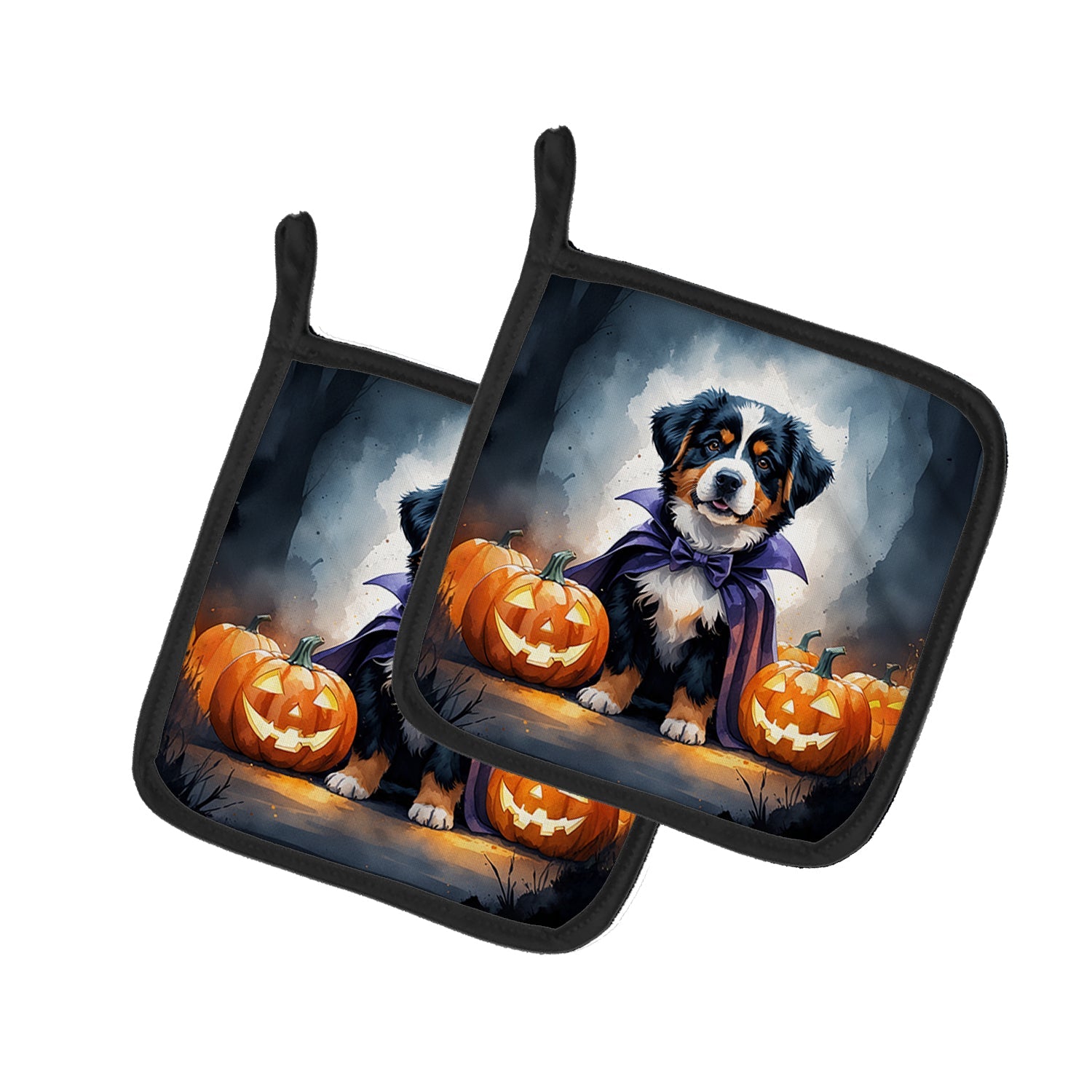 Bernese Mountain Dog Puppy Halloween Pot Holder Set of 2 Heat Resistant Quilted Hot Pads 7.5 x 7.5 Inch, Insulated Kitchen Trivets for Cooking & Baking