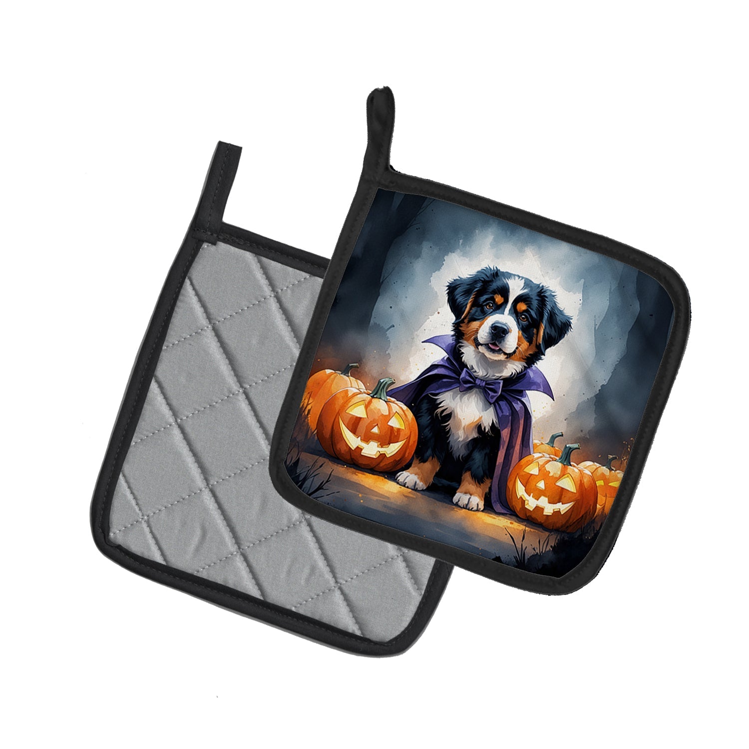 Bernese Mountain Dog Puppy Halloween Pot Holder Set of 2 Heat Resistant Quilted Hot Pads 7.5 x 7.5 Inch, Insulated Kitchen Trivets for Cooking & Baking
