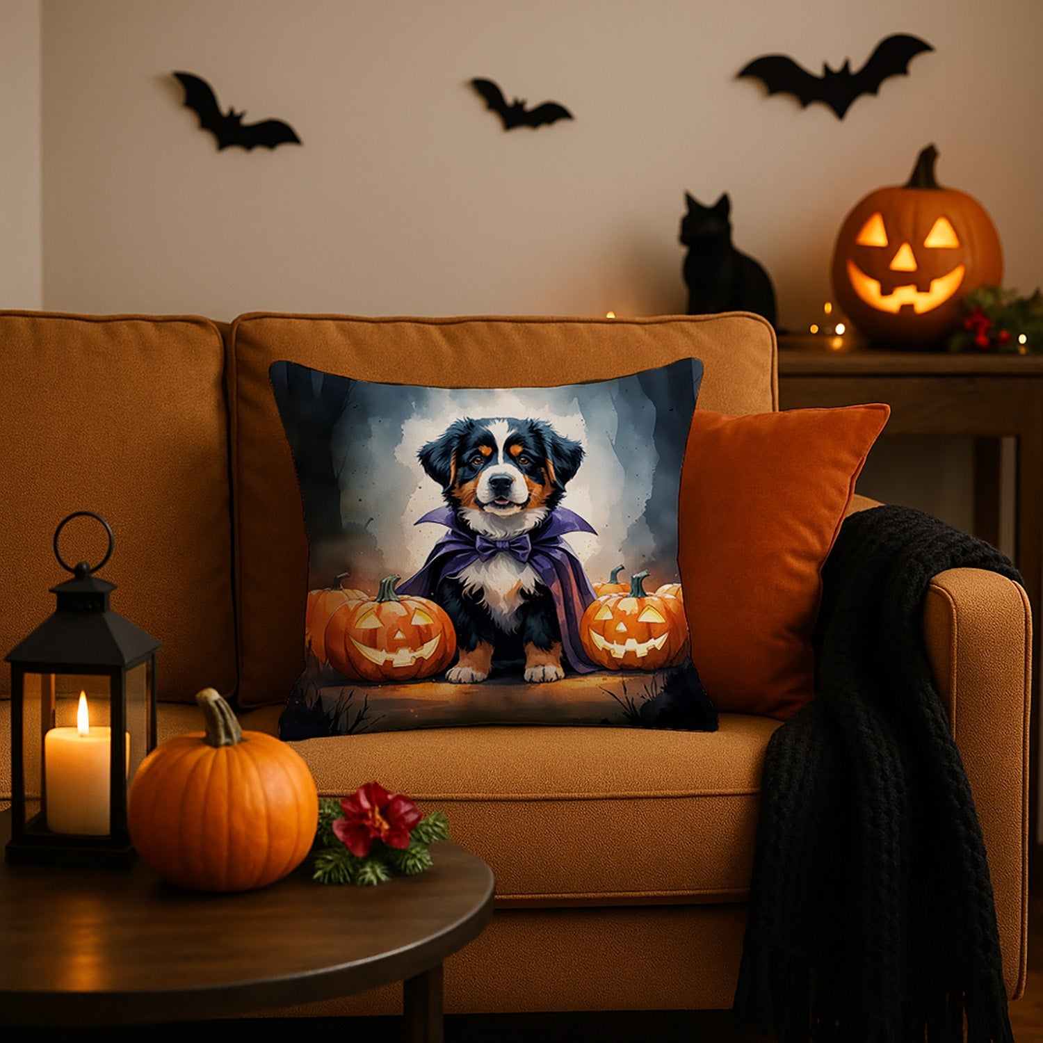 Bernese Mountain Dog Puppy Halloween Decorative Throw Pillow 18x18 Indoor Outdoor Accent Cushion, Fabric Cover with Insert for Sofa, Bed, Porch & Living Room