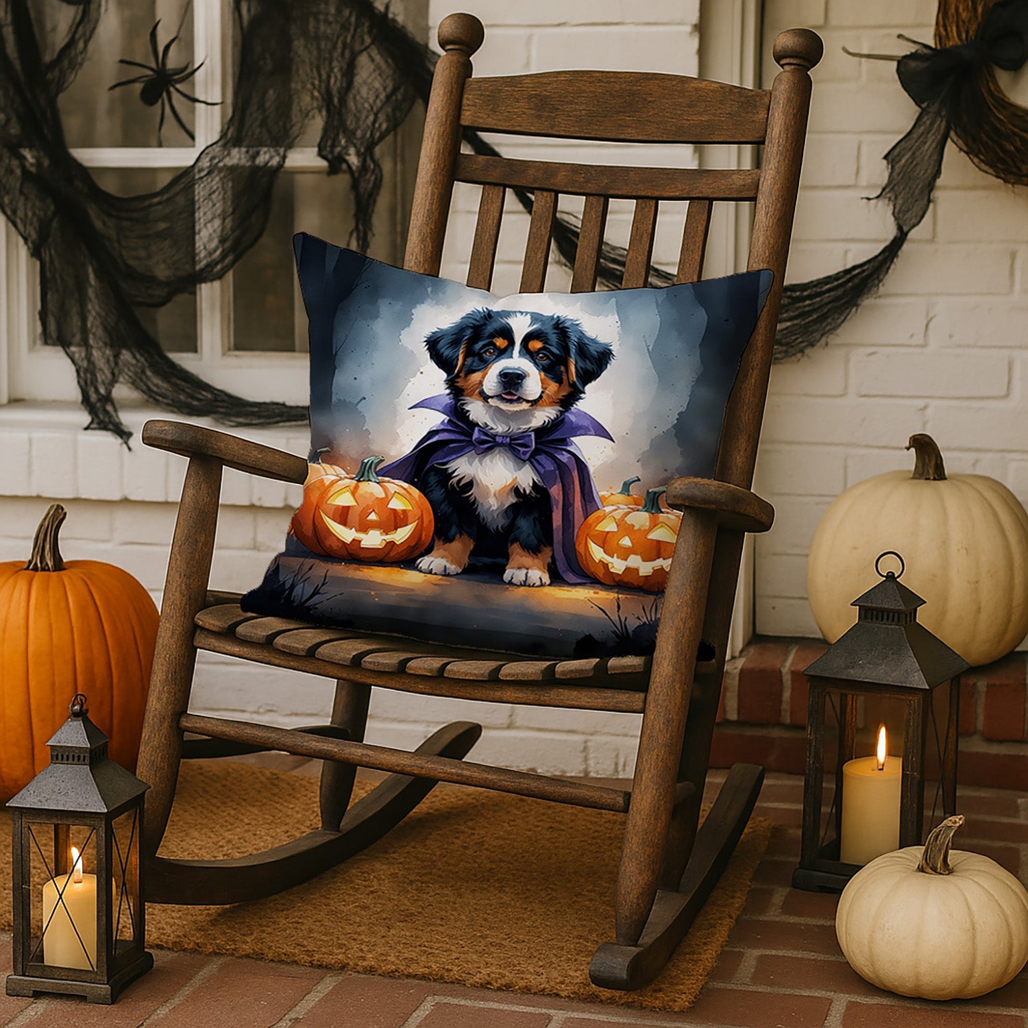 Bernese Mountain Dog Puppy Halloween Decorative Throw Pillow 18x18 Indoor Outdoor Accent Cushion, Fabric Cover with Insert for Sofa, Bed, Porch & Living Room