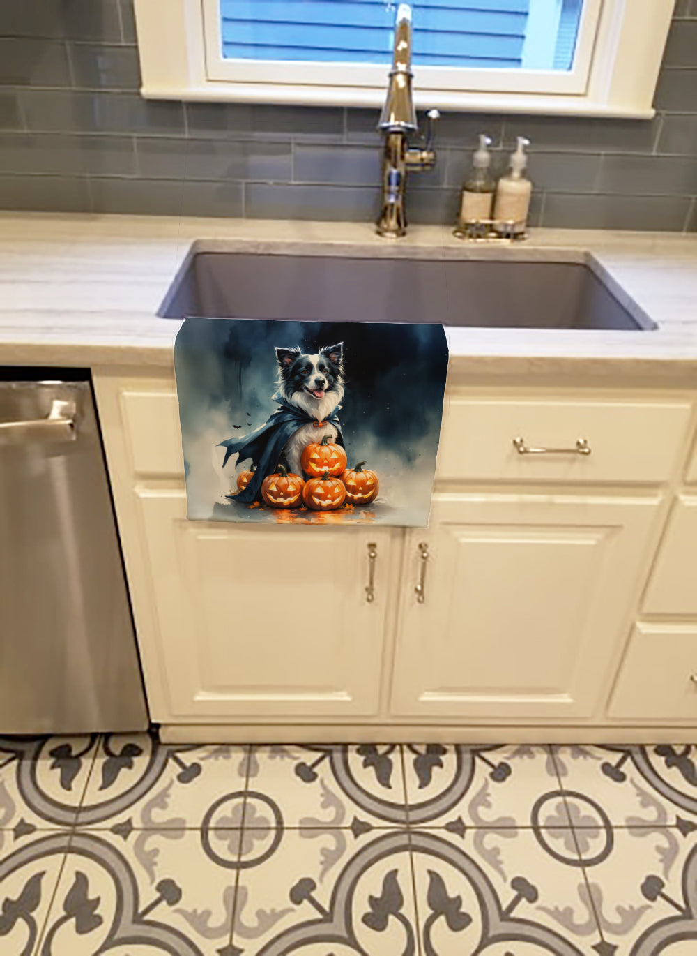 Border Collie Puppy Halloween Kitchen Towel Velour Plush Front and Cotton Loop Back Machine Washable