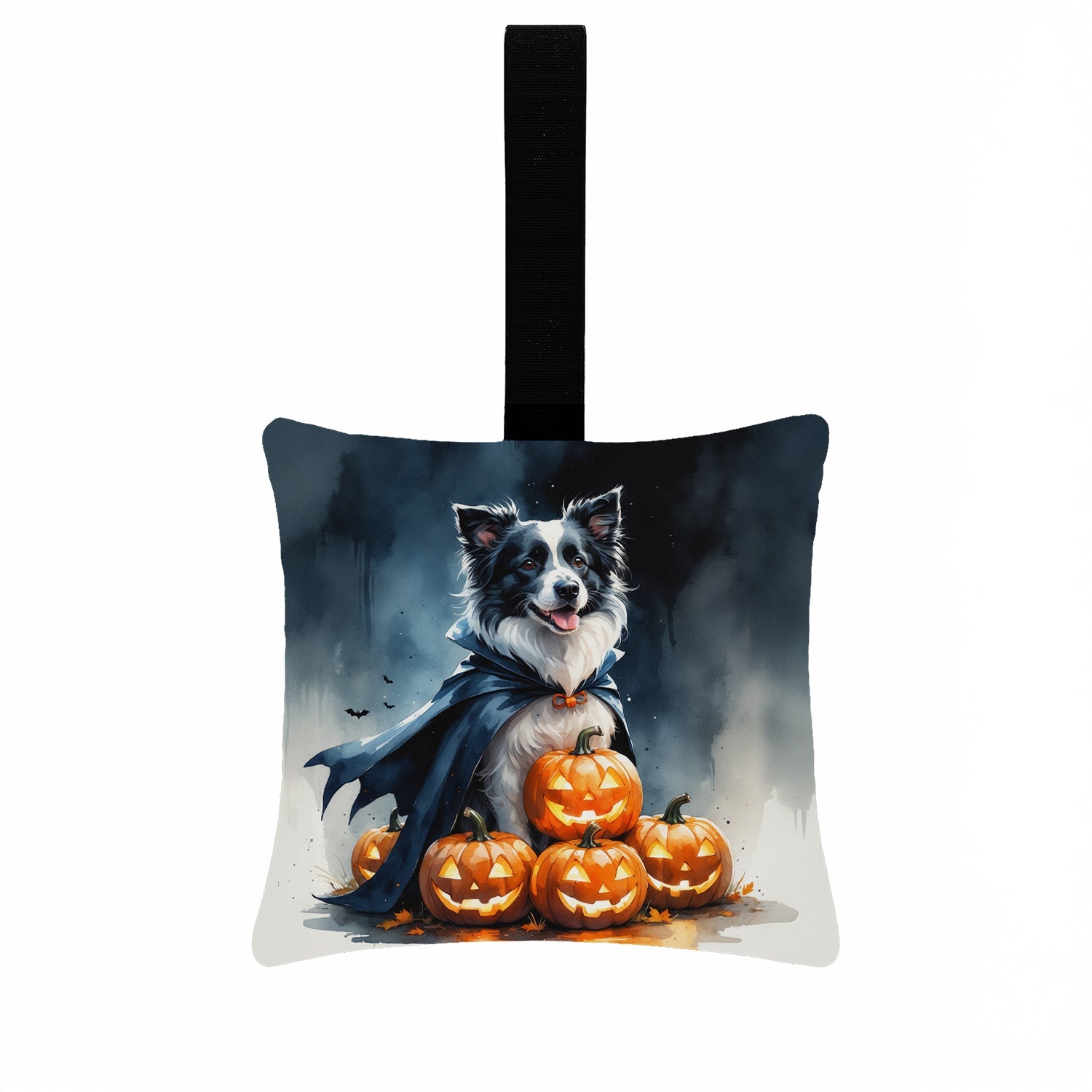 Border Collie Puppy Halloween Hanging Square Fabric Ornament 3.5 × 3.5 Decorative Door-Knob & Tree Hanger, Soft Fabric