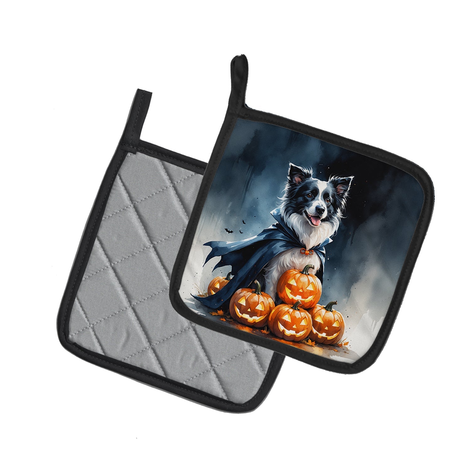 Border Collie Puppy Halloween Pot Holder Set of 2 Heat Resistant Quilted Hot Pads 7.5 x 7.5 Inch, Insulated Kitchen Trivets for Cooking & Baking