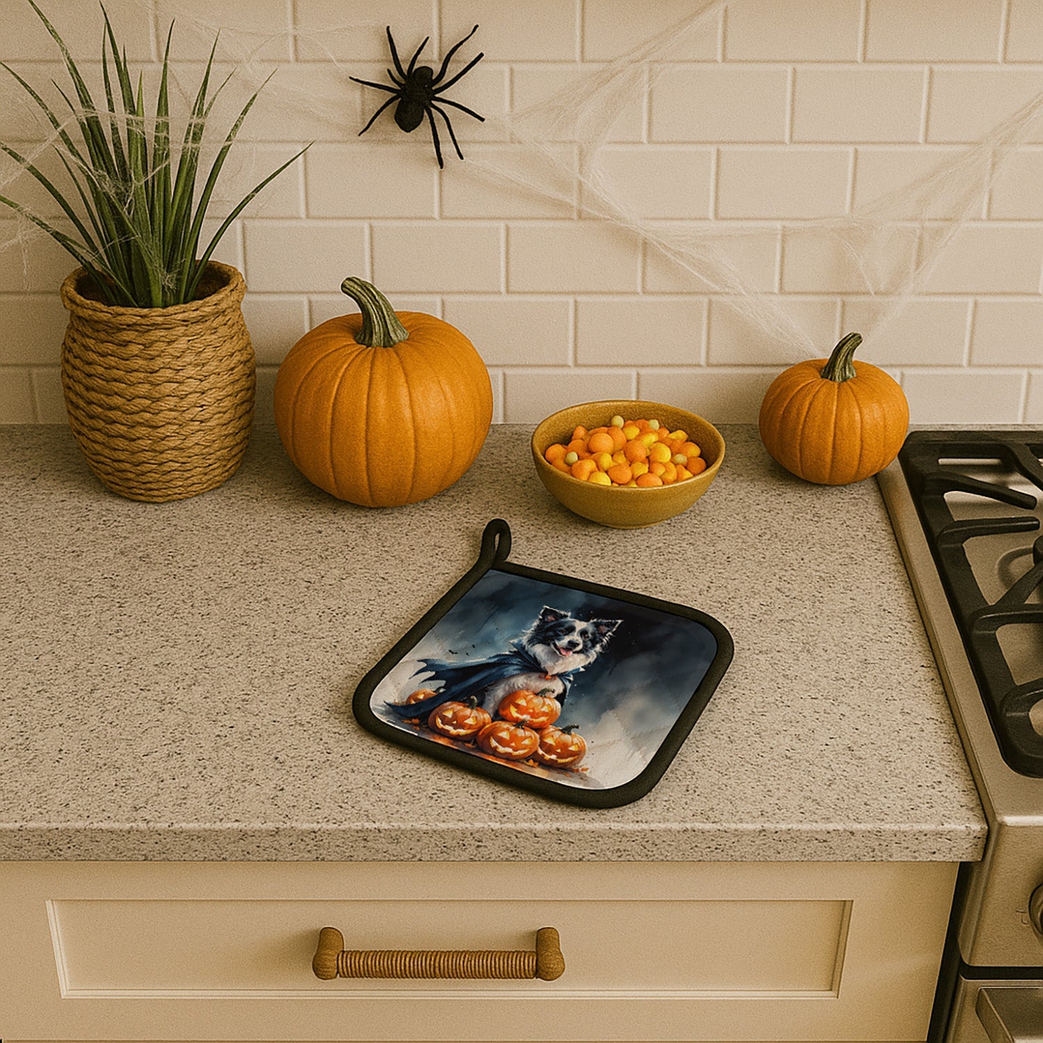 Border Collie Puppy Halloween Pot Holder Set of 2 Heat Resistant Quilted Hot Pads 7.5 x 7.5 Inch, Insulated Kitchen Trivets for Cooking & Baking