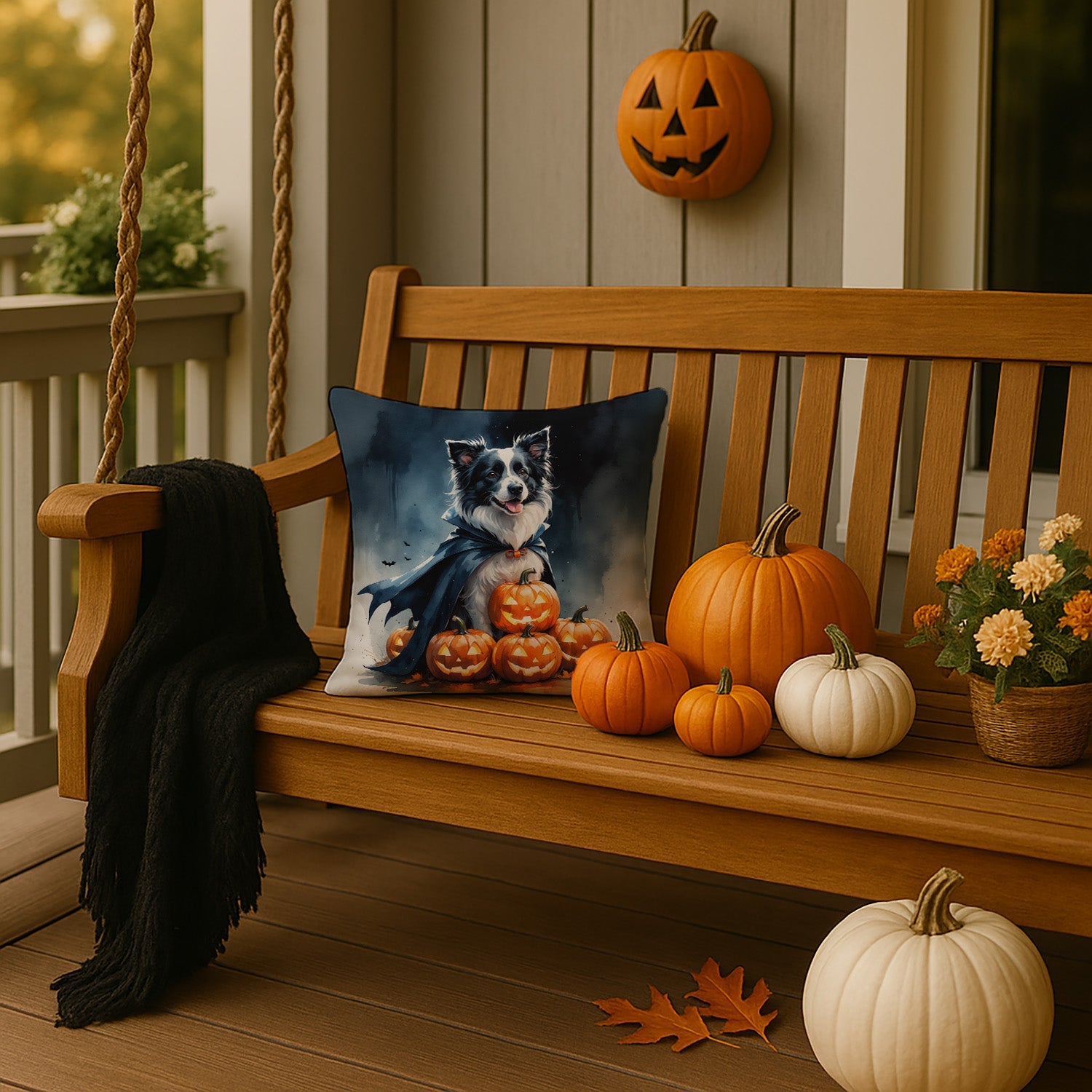 Border Collie Puppy Halloween Decorative Throw Pillow 14x14 Indoor Outdoor Accent Cushion, Fabric Cover with Insert for Sofa, Bed, Porch & Living Room