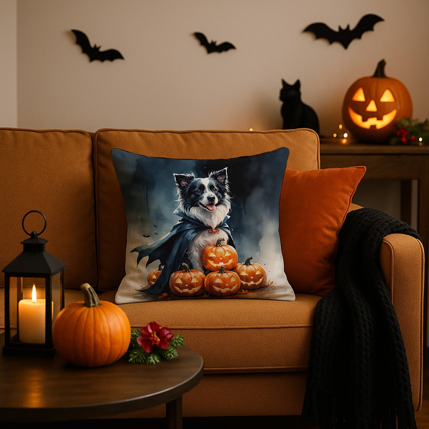 Border Collie Puppy Halloween Decorative Throw Pillow 18x18 Indoor Outdoor Accent Cushion, Fabric Cover with Insert for Sofa, Bed, Porch & Living Room