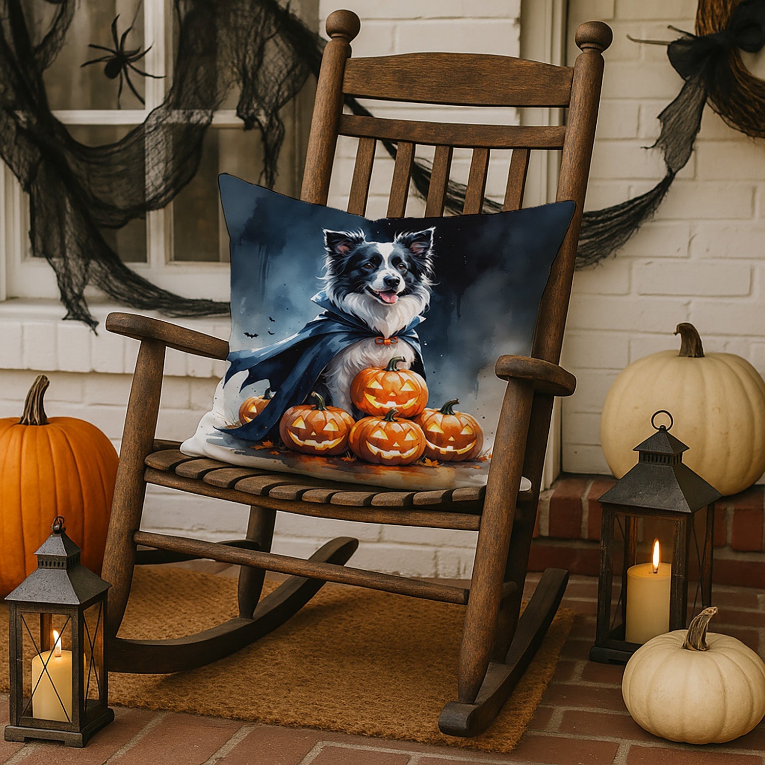Border Collie Puppy Halloween Decorative Throw Pillow 18x18 Indoor Outdoor Accent Cushion, Fabric Cover with Insert for Sofa, Bed, Porch & Living Room
