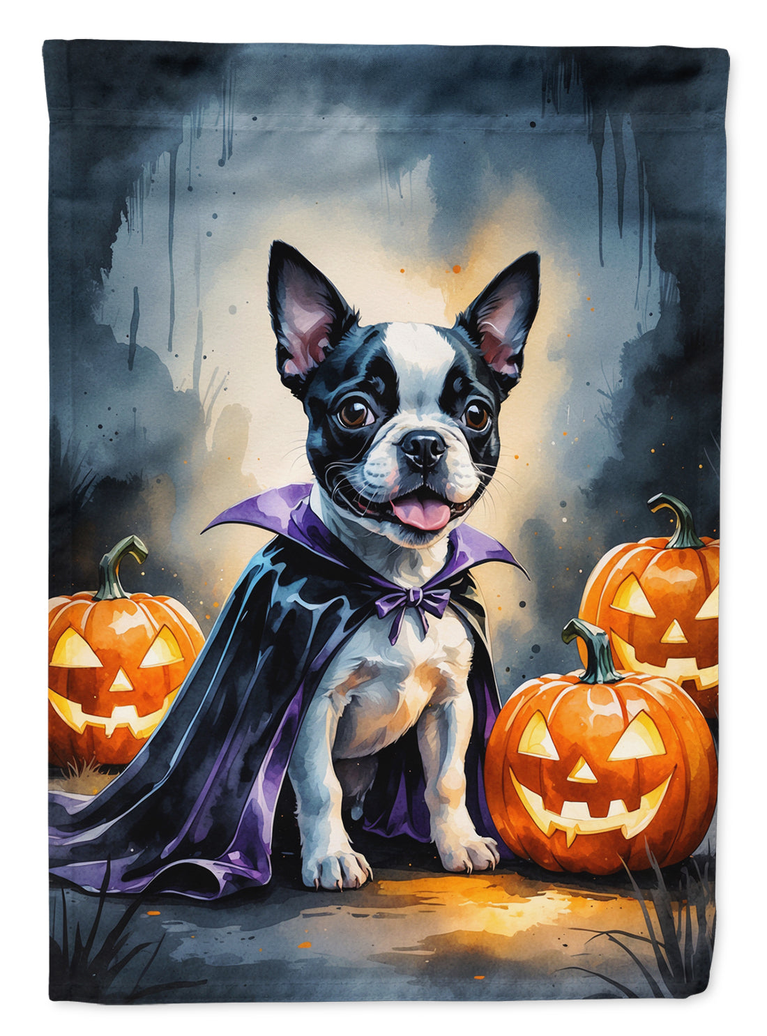 Boston Terrier Puppy Halloween House Flag 28x40 Porch Sleeve Pole Decorative Outside Yard Banner Artwork Wall Hanging, Polyester