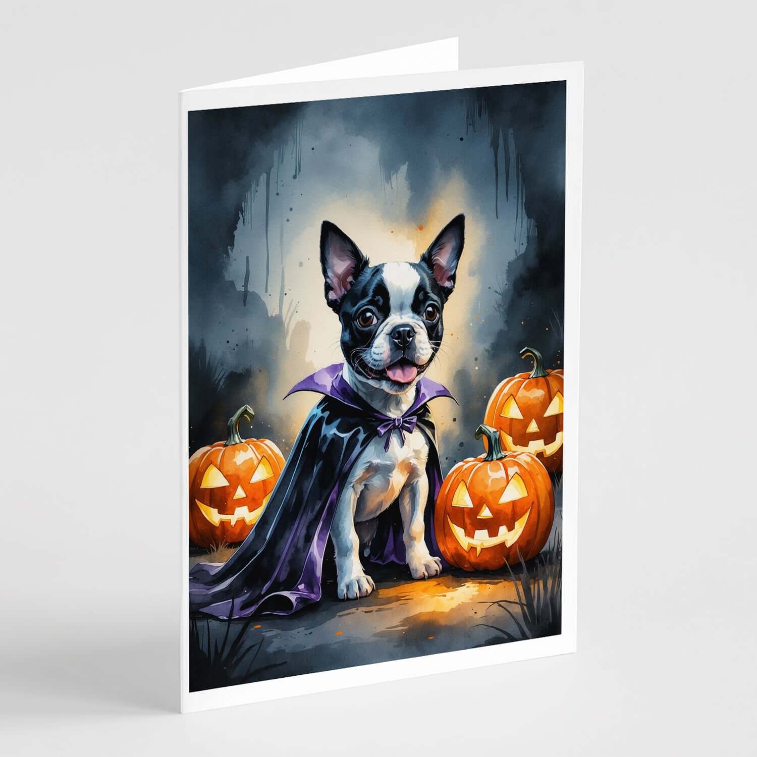 Boston Terrier Puppy Halloween Greeting Cards Pack of 8 Blank Cards with Envelopes Whimsical A7 Size 5x7