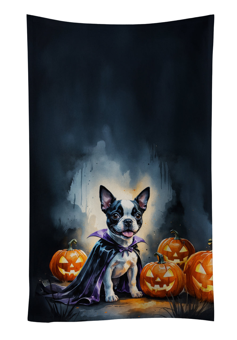 Boston Terrier Puppy Halloween Kitchen Towel Velour Plush Front and Cotton Loop Back Machine Washable