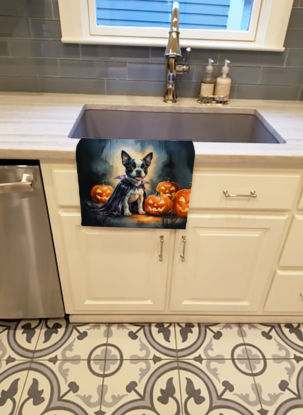 Boston Terrier Puppy Halloween Kitchen Towel Velour Plush Front and Cotton Loop Back Machine Washable