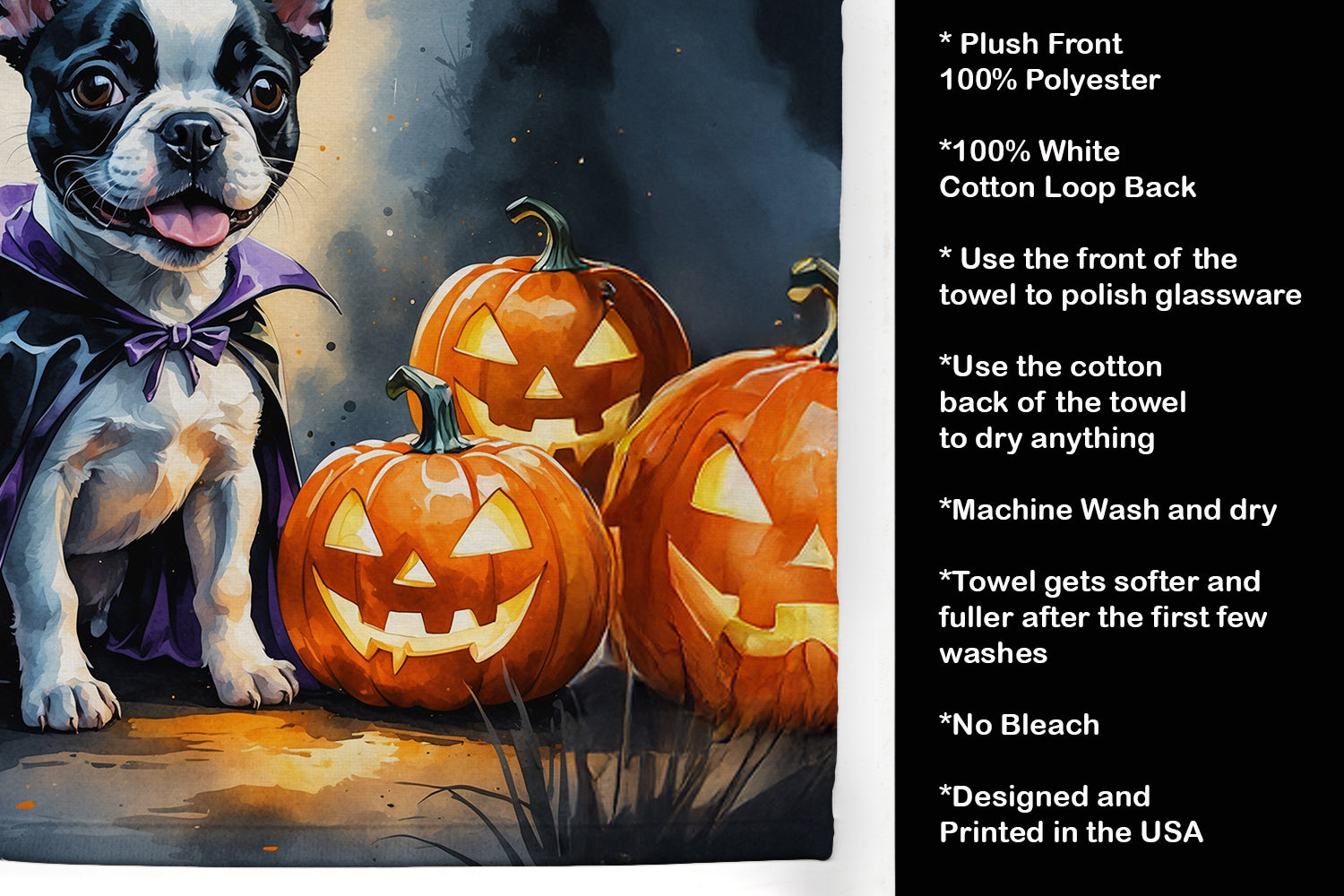 Boston Terrier Puppy Halloween Kitchen Towel Velour Plush Front and Cotton Loop Back Machine Washable
