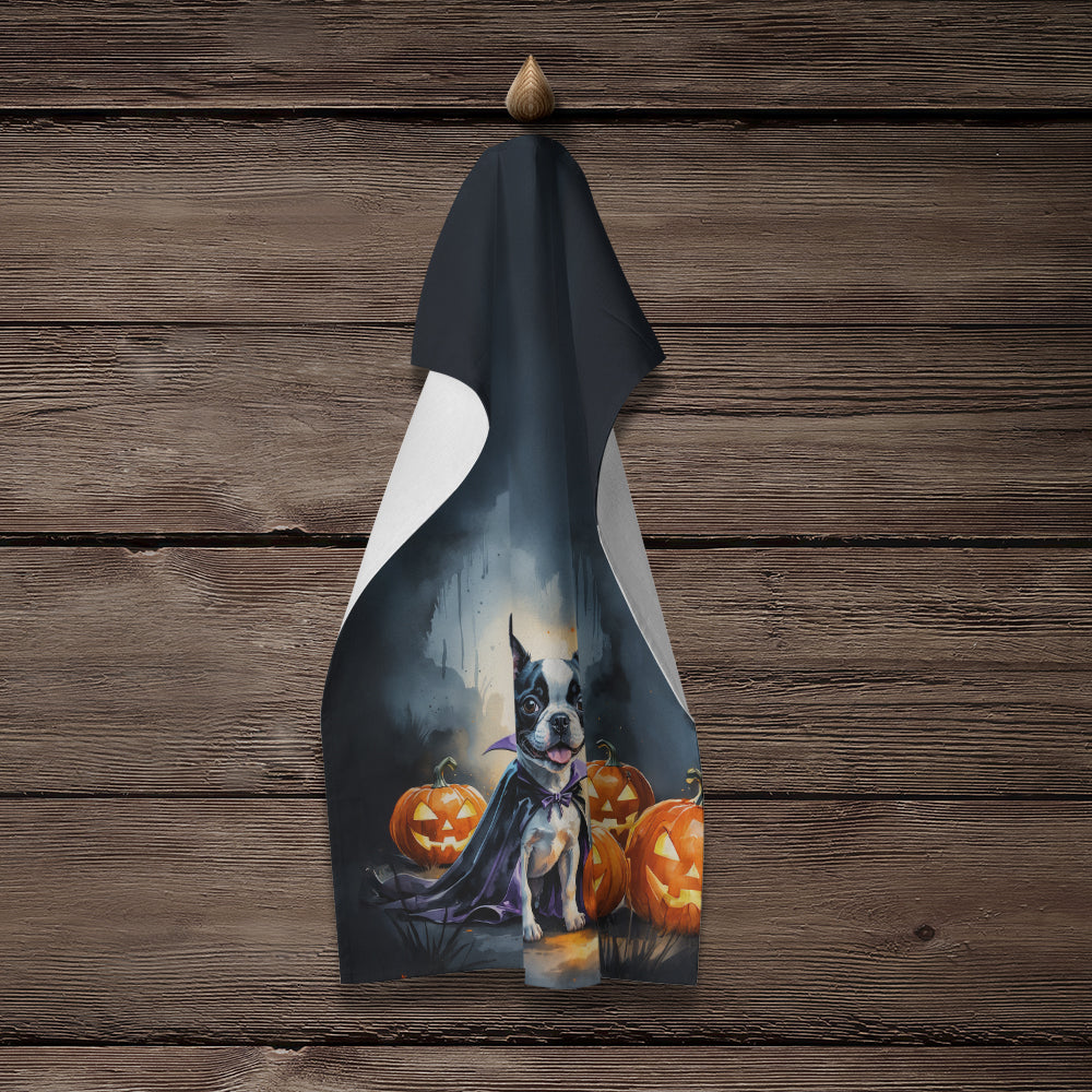 Boston Terrier Puppy Halloween Kitchen Towel Velour Plush Front and Cotton Loop Back Machine Washable