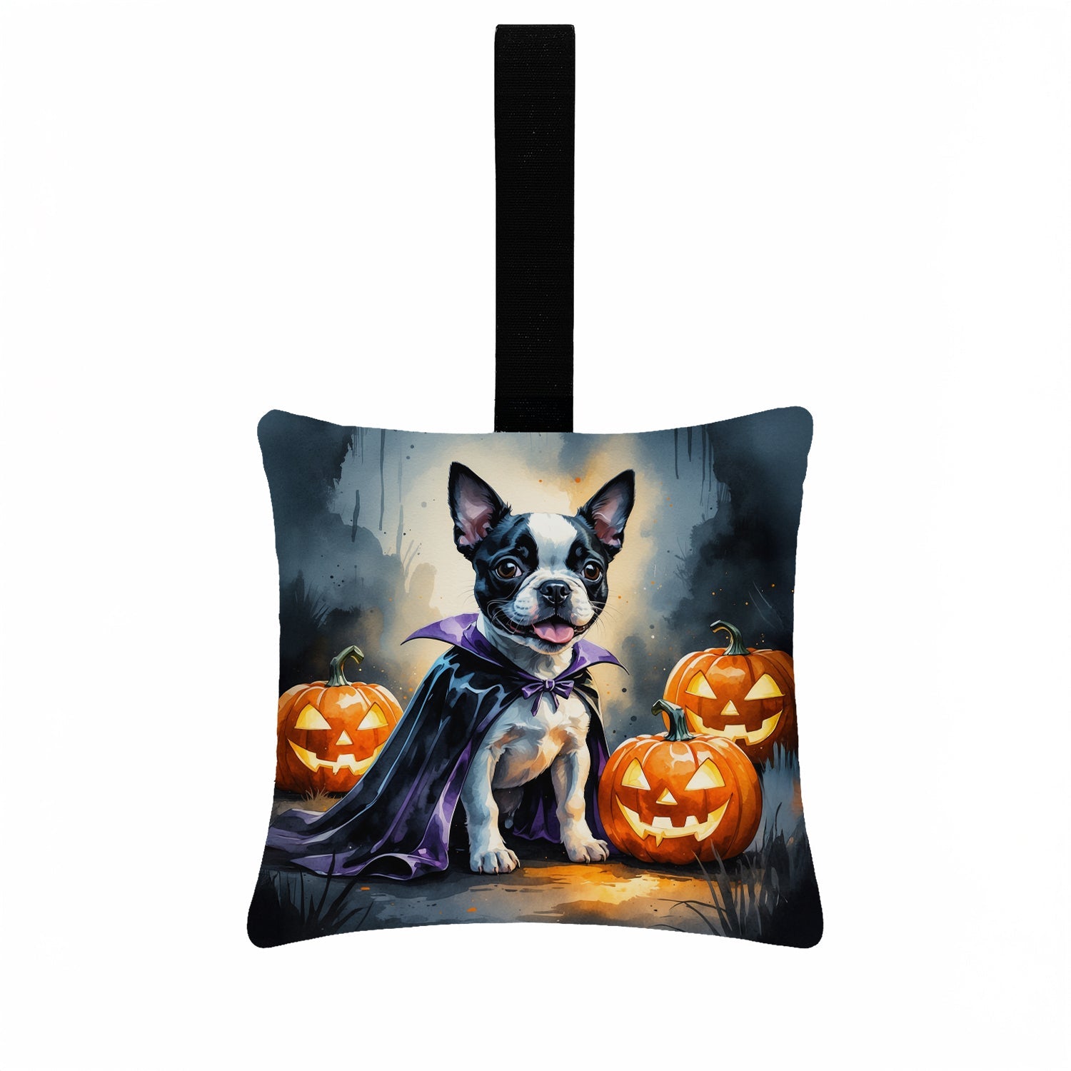 Boston Terrier Puppy Halloween Hanging Square Fabric Ornament 3.5 × 3.5 Decorative Door-Knob & Tree Hanger, Soft Fabric
