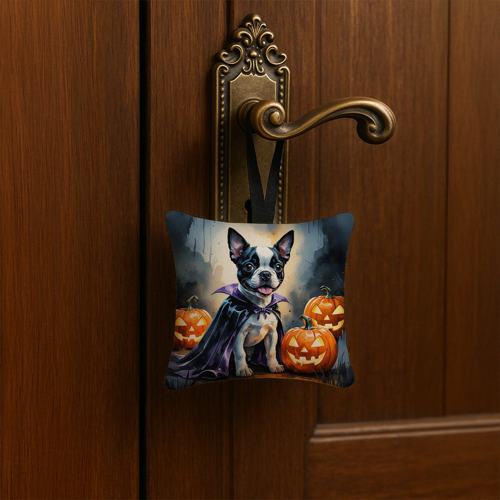 Boston Terrier Puppy Halloween Hanging Square Fabric Ornament 3.5 × 3.5 Decorative Door-Knob & Tree Hanger, Soft Fabric