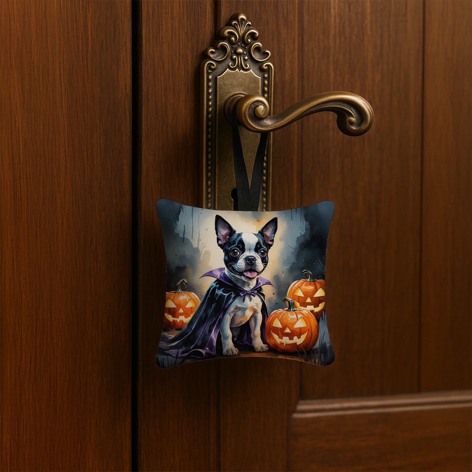 Boston Terrier Puppy Halloween Hanging Square Fabric Ornament 3.5 × 3.5 Decorative Door-Knob & Tree Hanger, Soft Fabric