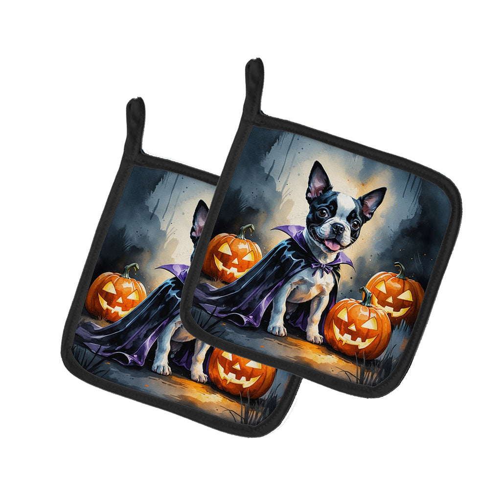 Boston Terrier Puppy Halloween Pot Holder Set of 2 Heat Resistant Quilted Hot Pads 7.5 x 7.5 Inch, Insulated Kitchen Trivets for Cooking & Baking